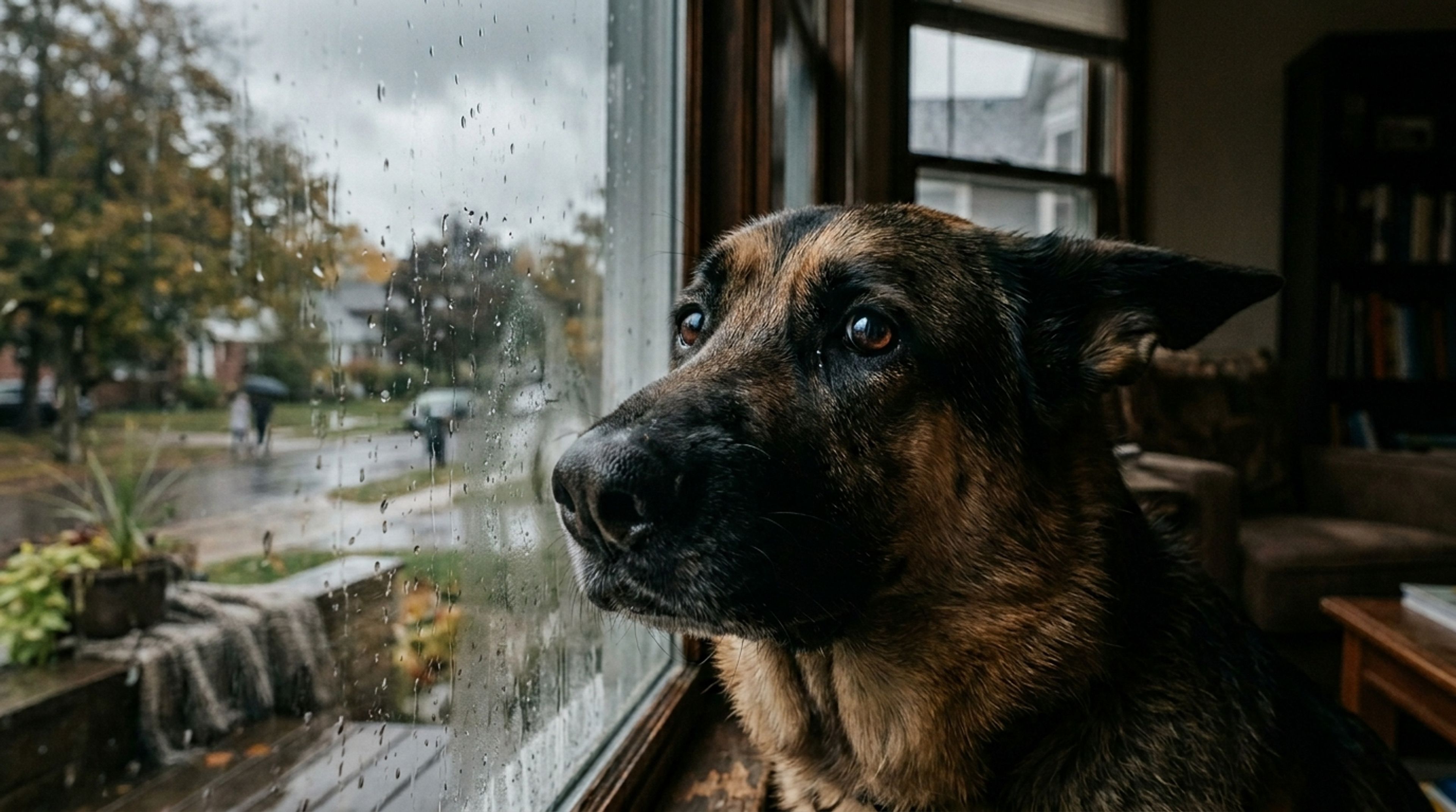 Anxious German Shepherd looking through a window waiting for its owner to return home