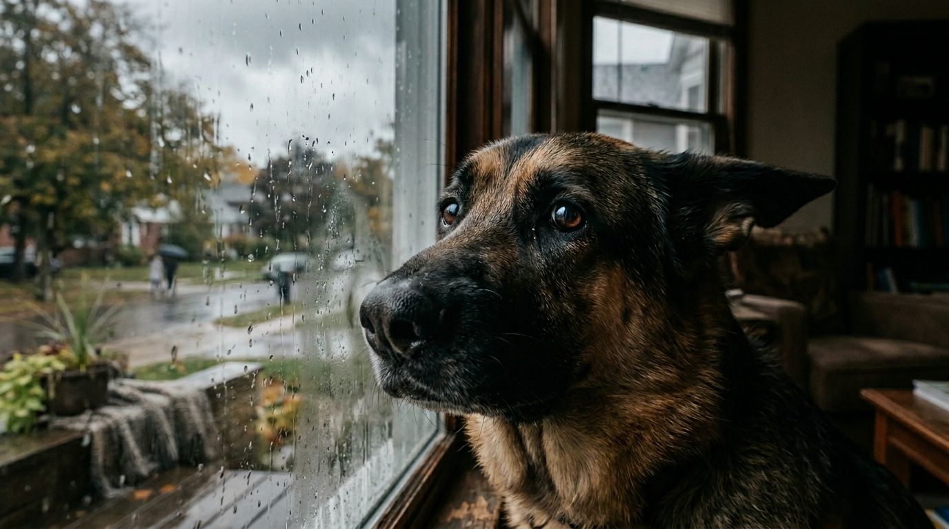 Anxious German Shepherd looking through a window waiting for its owner to return home