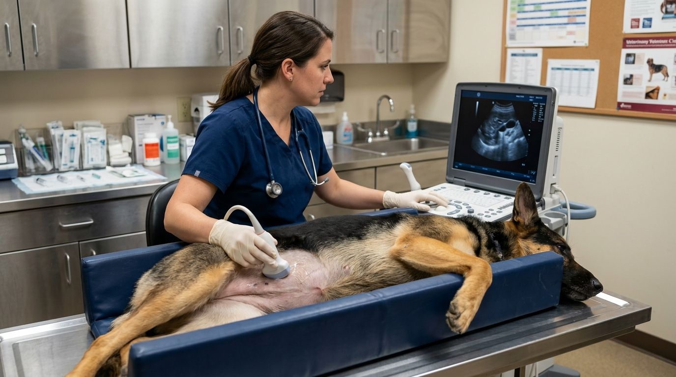 Veterinarian performing an abdominal ultrasound on a German Shepherd to screen for illness