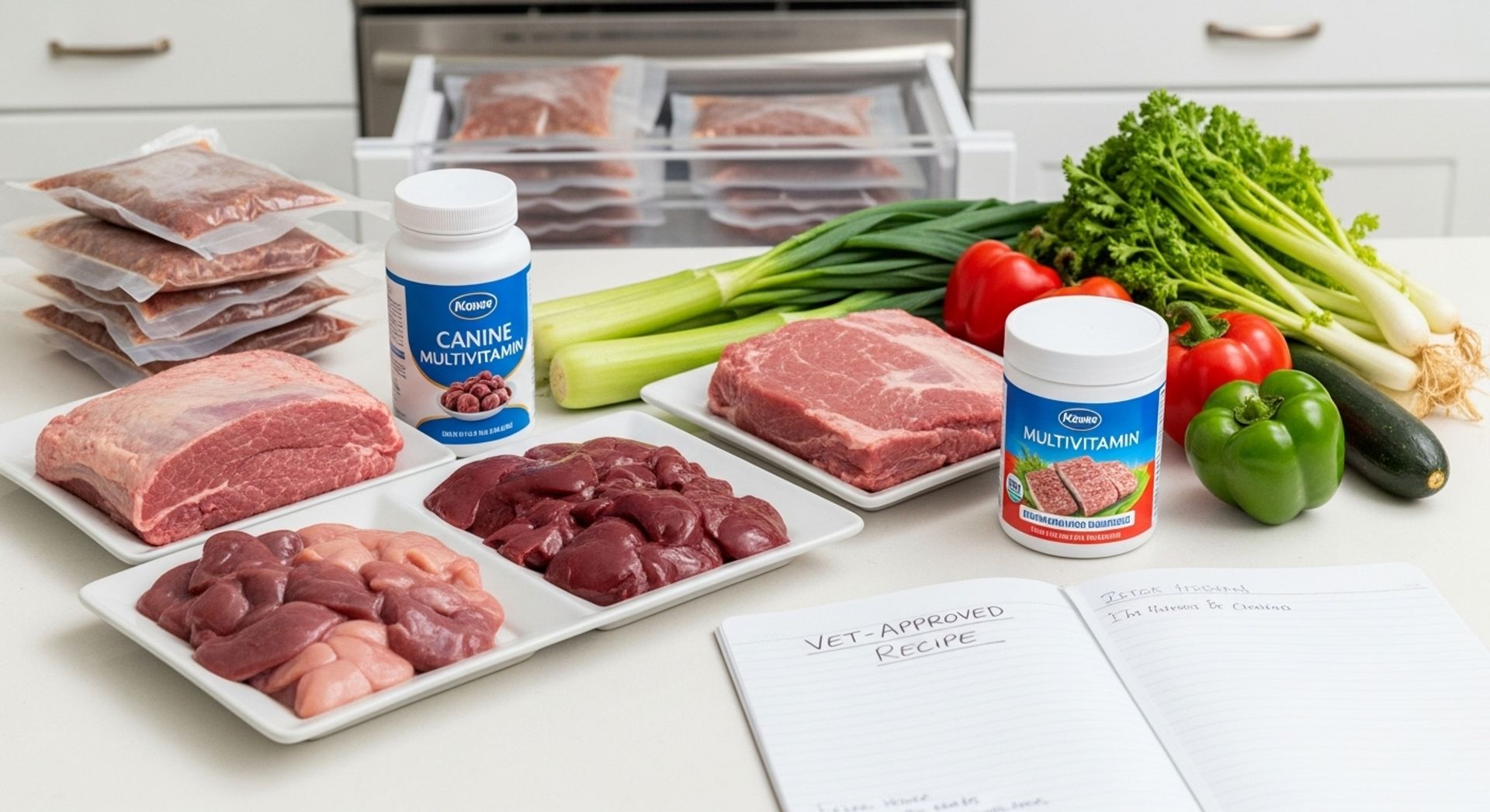 Meats, vegetables, and canine multivitamins with a vet-approved recipe notebook.