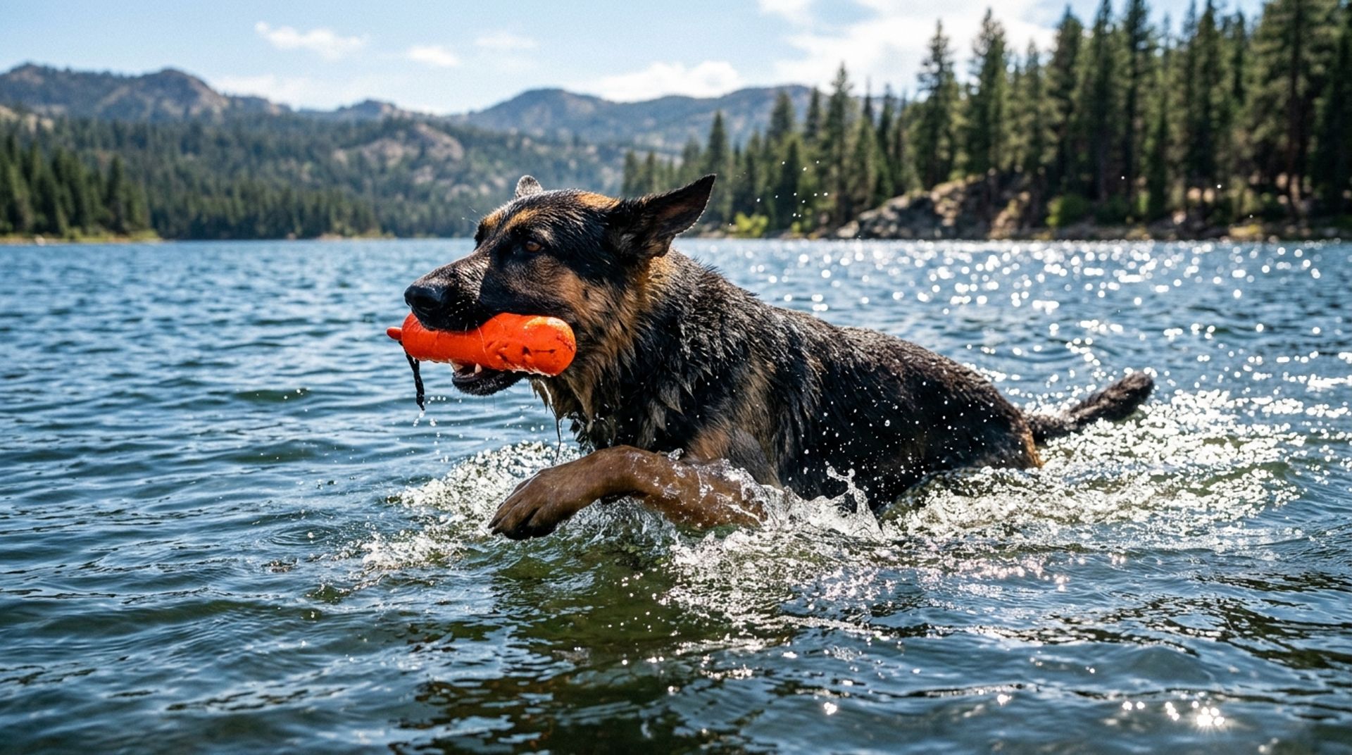German Shepherd swimming powerfully to retrieve a floating bumper toy
