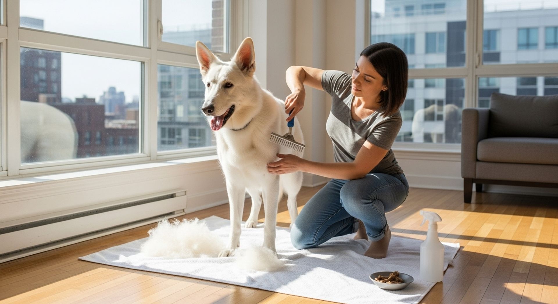 Woman brushing a white dog indoors on a mat, surrounded by loose fur, with grooming tools nearby.