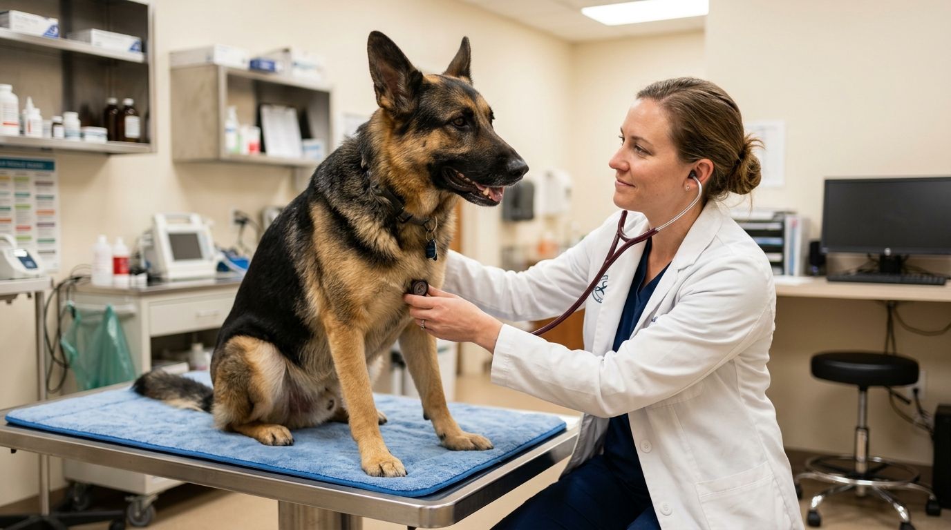 German Shepherd being examined by a veterinarian during a health checkup appointment