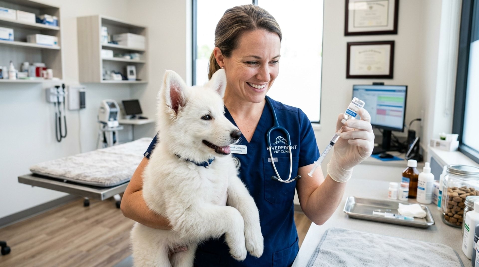 A healthy solid white German Shepherd puppy being held by a veterinarian for its parvovirus vaccination