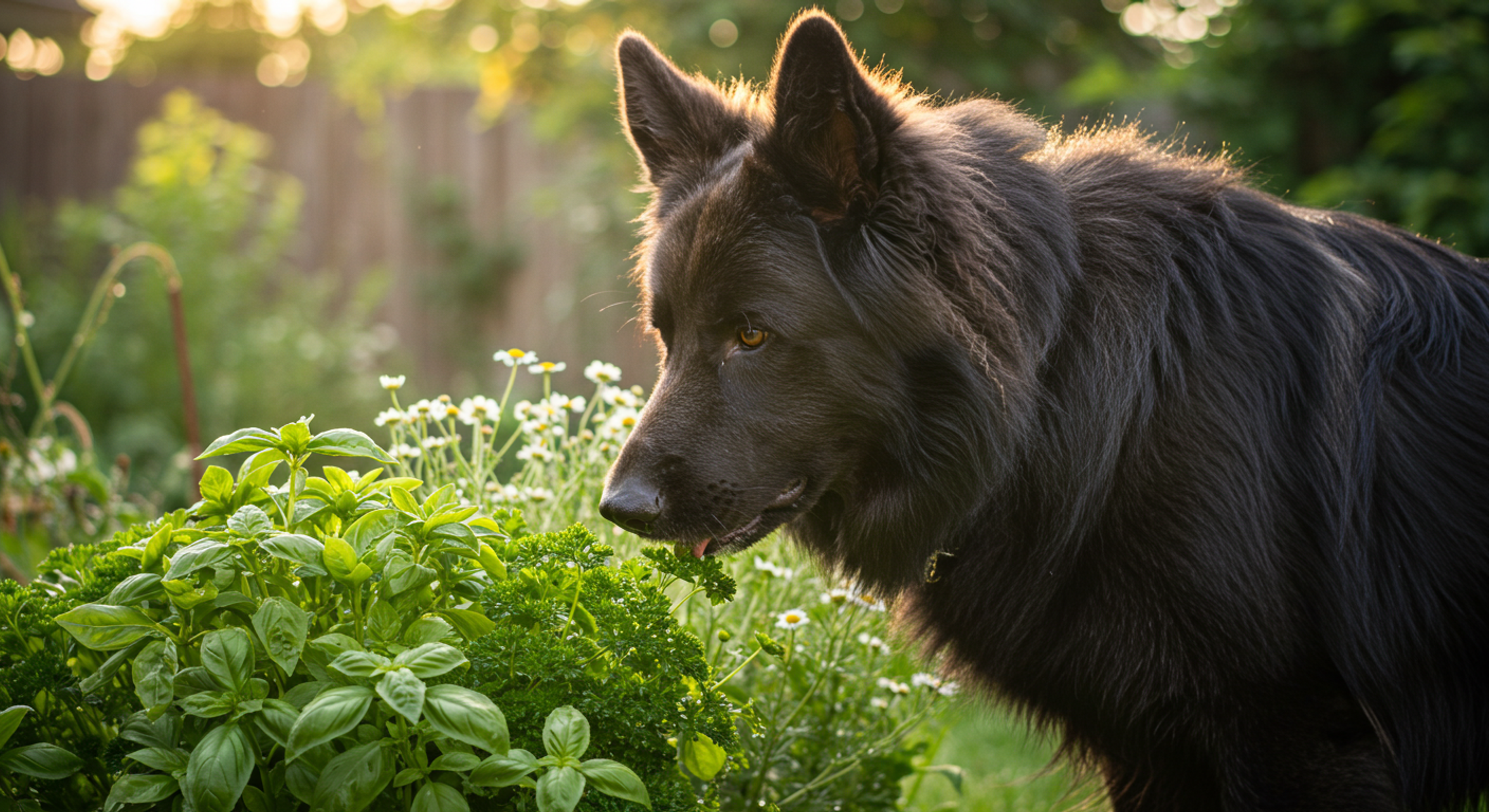 A blue German Shepherd sniffing fresh herbs in a sunlit backyard