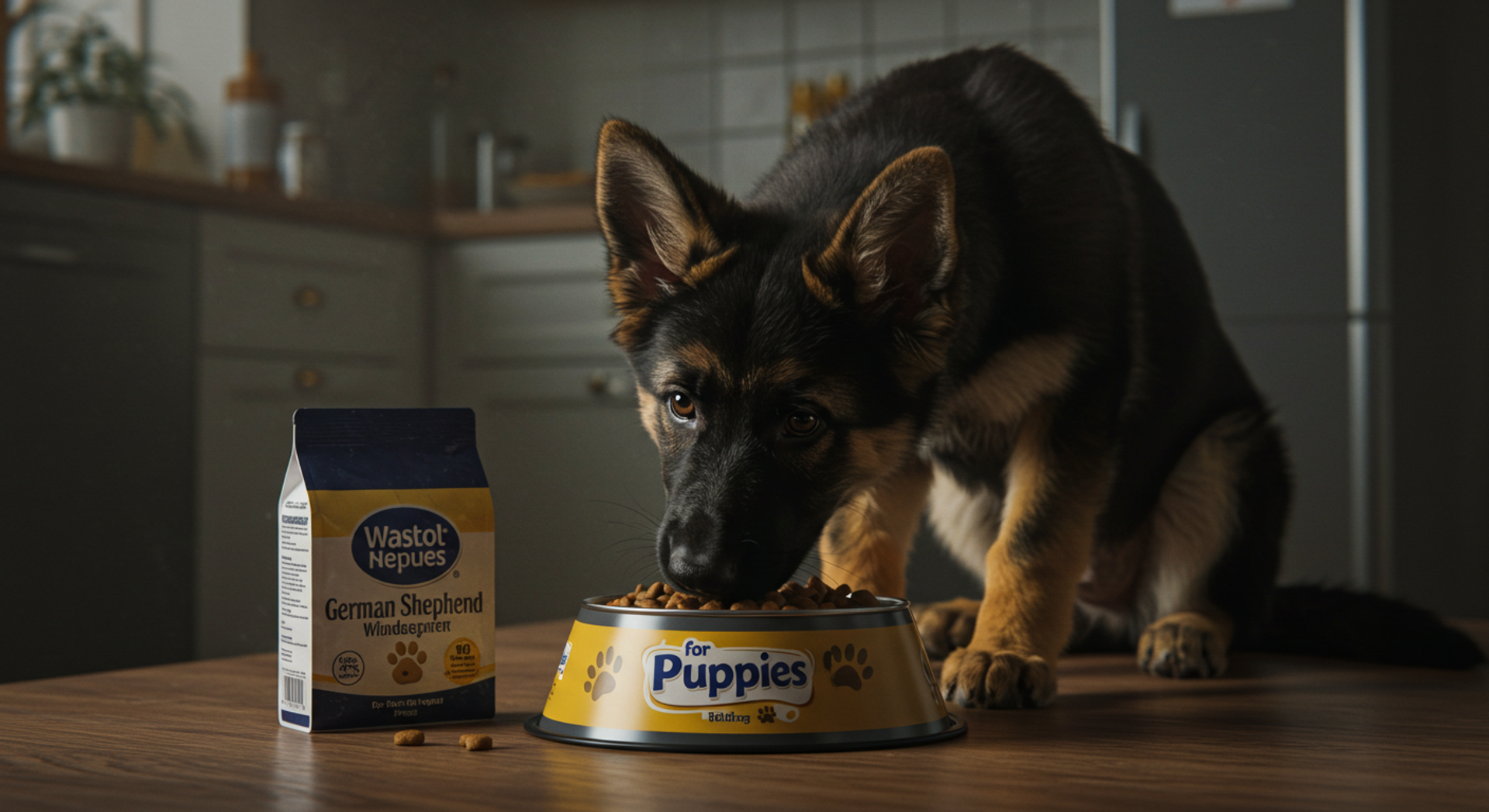 a german shepherd puppy eating from a yellow bowl