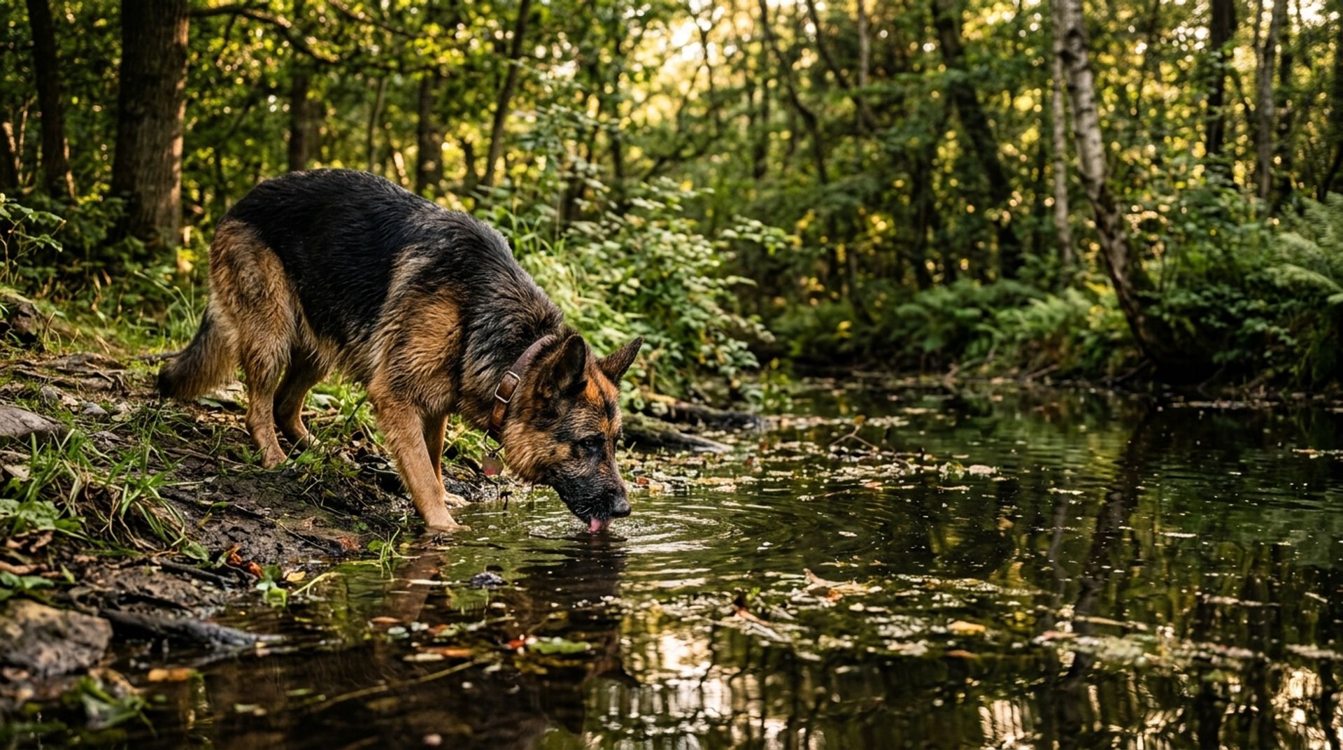 Traditional black and tan German Shepherd drinking from a stagnant pond in a wooded area, a risk factor for leptospirosis
