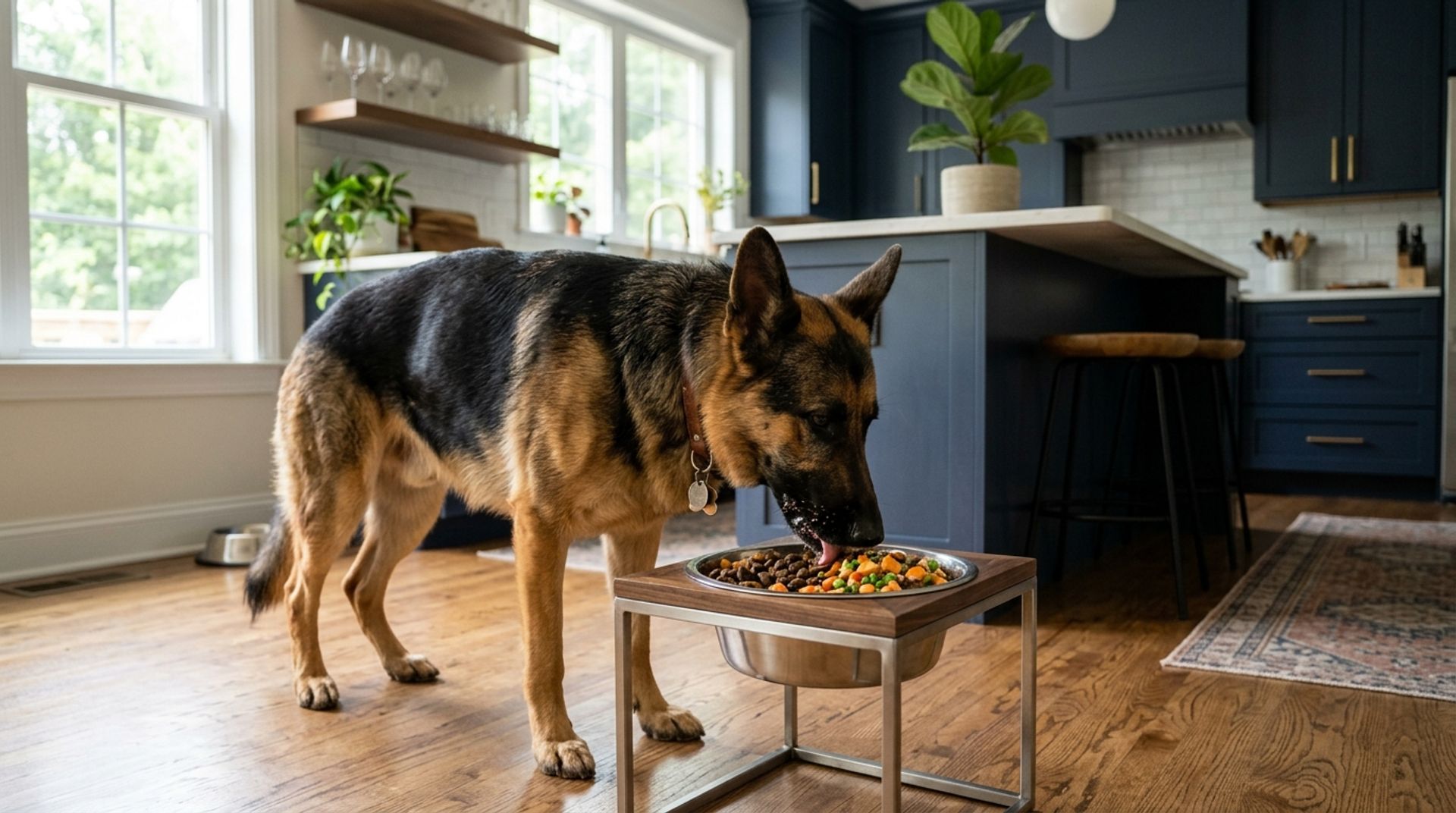 German Shepherd eating high-quality food from a raised bowl to support longevity