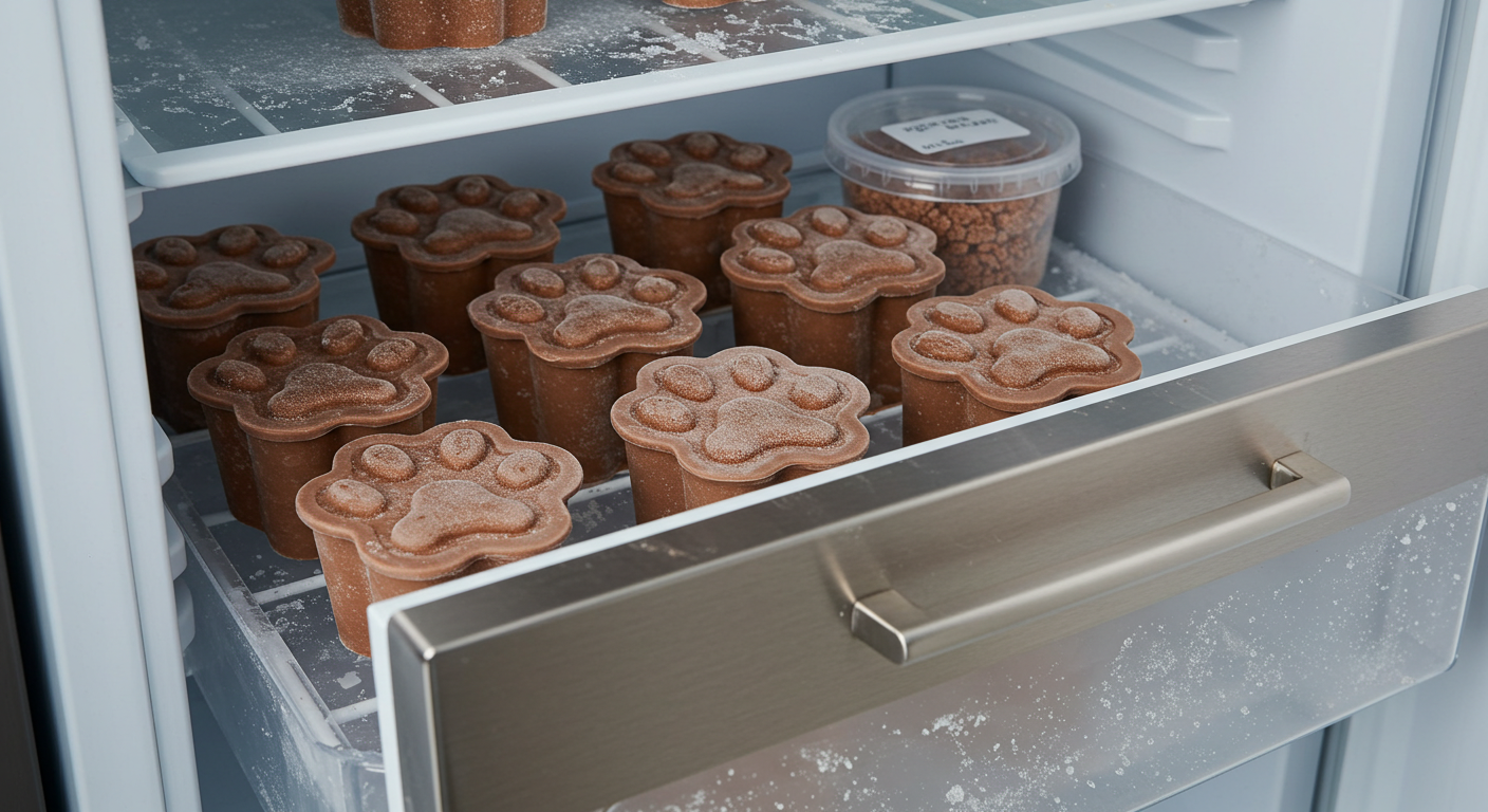 a refrigerator filled with ice cream in paw shaped cups