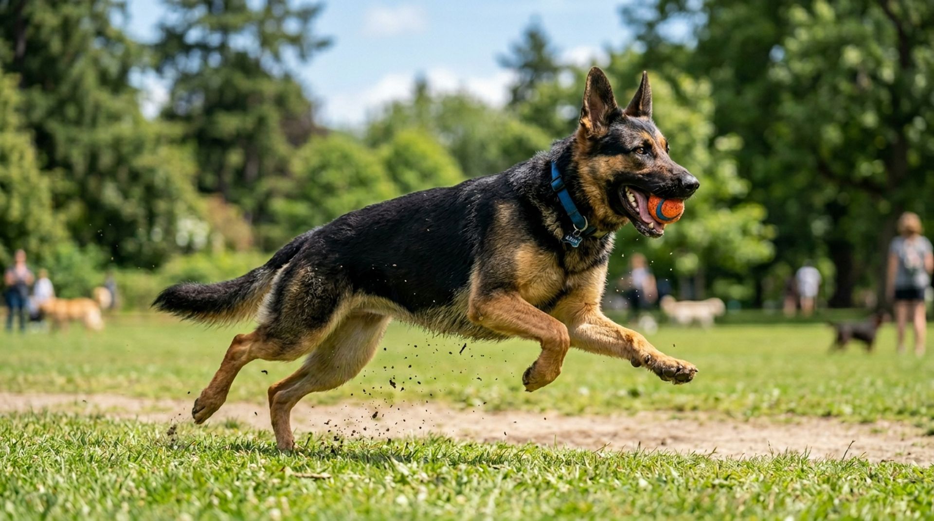 A healthy adult German Shepherd playing fetch vigorously in a sunny park