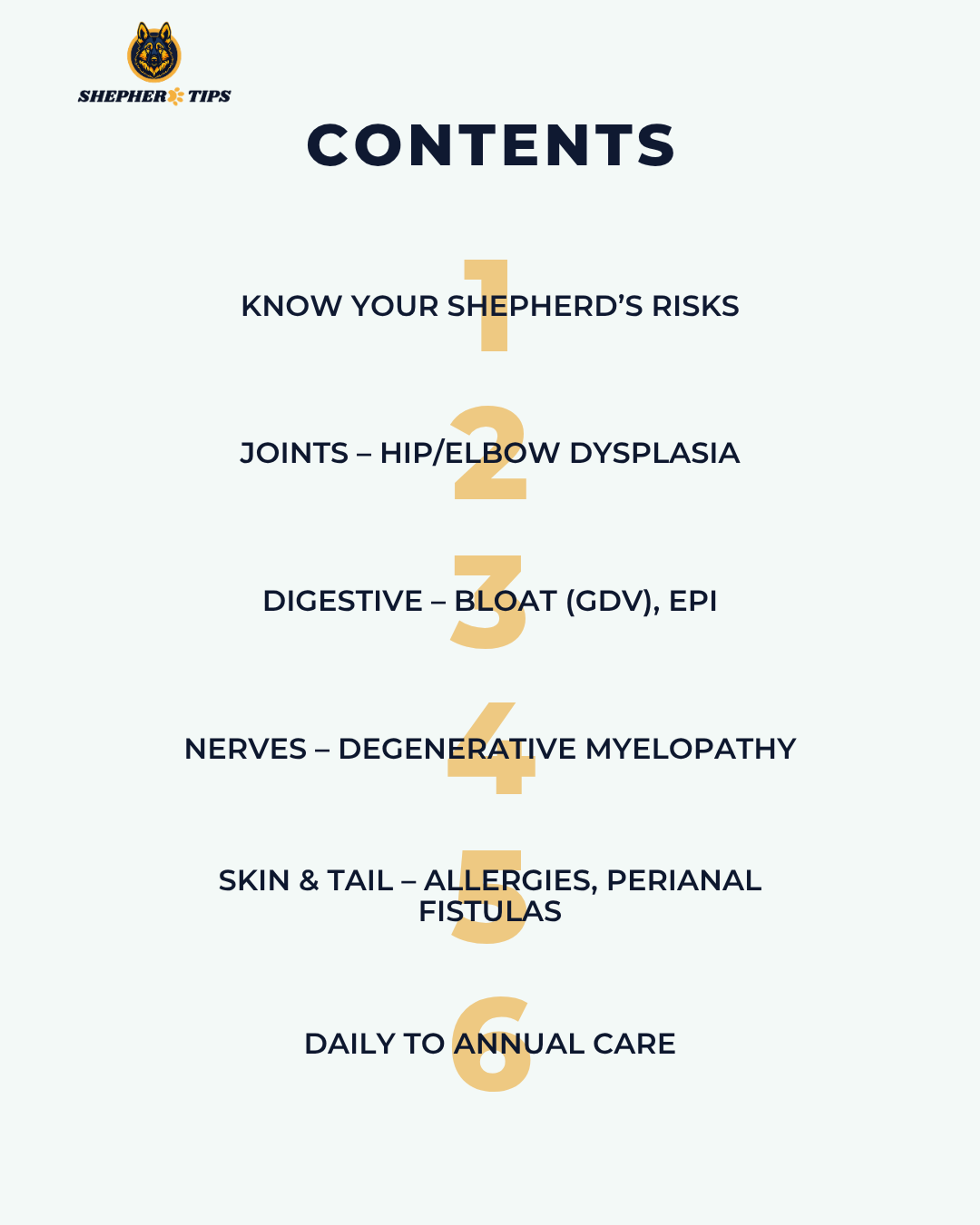 German Shepherd Health Guide showing table of contents with six sections on common health issues.
