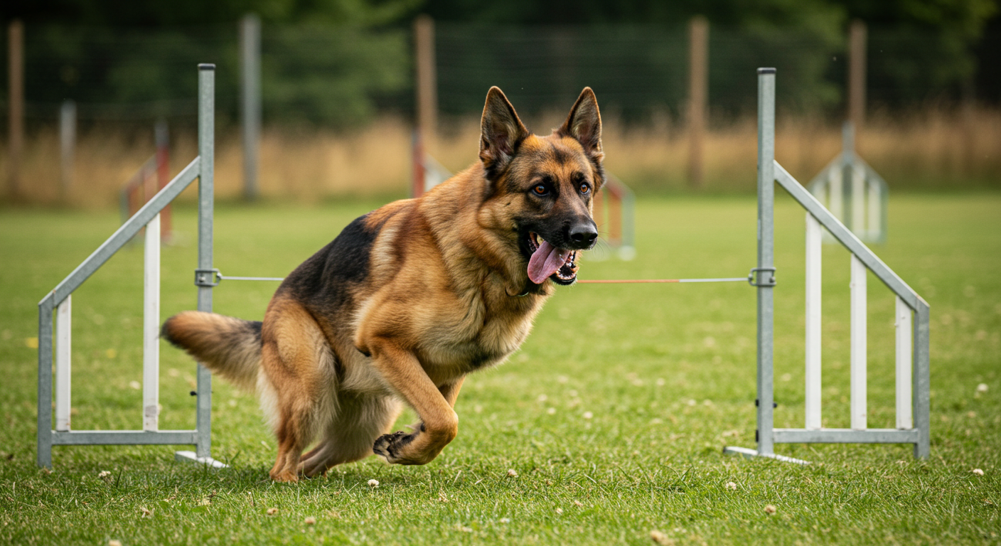 a german shepherd is jumping over a metal hurdle
