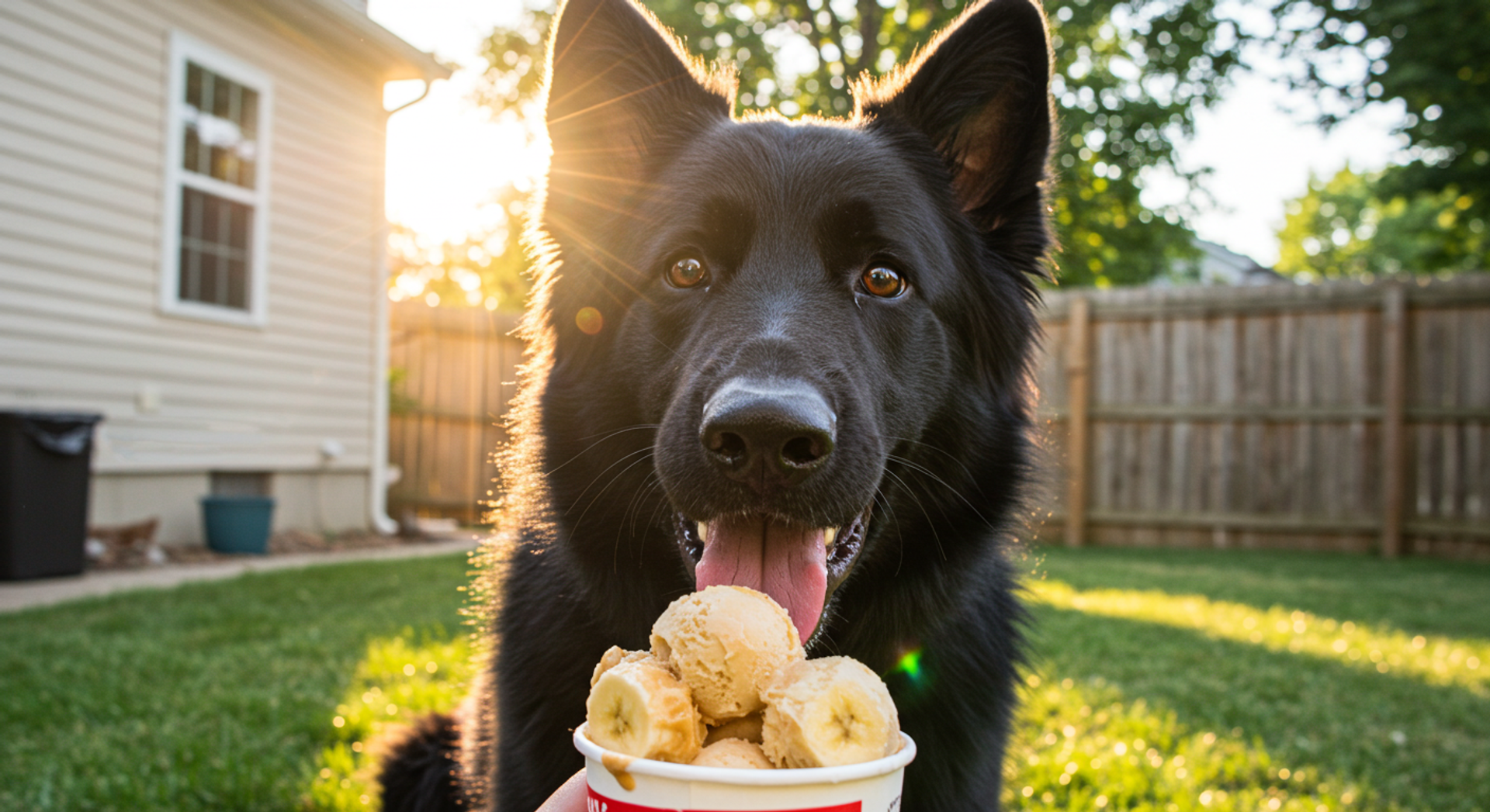 a black dog is eating bananas from a cup