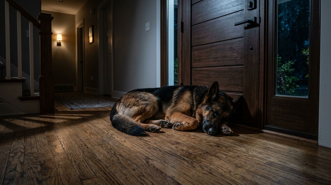 Loyal German Shepherd sleeping protectively by the home's front door
