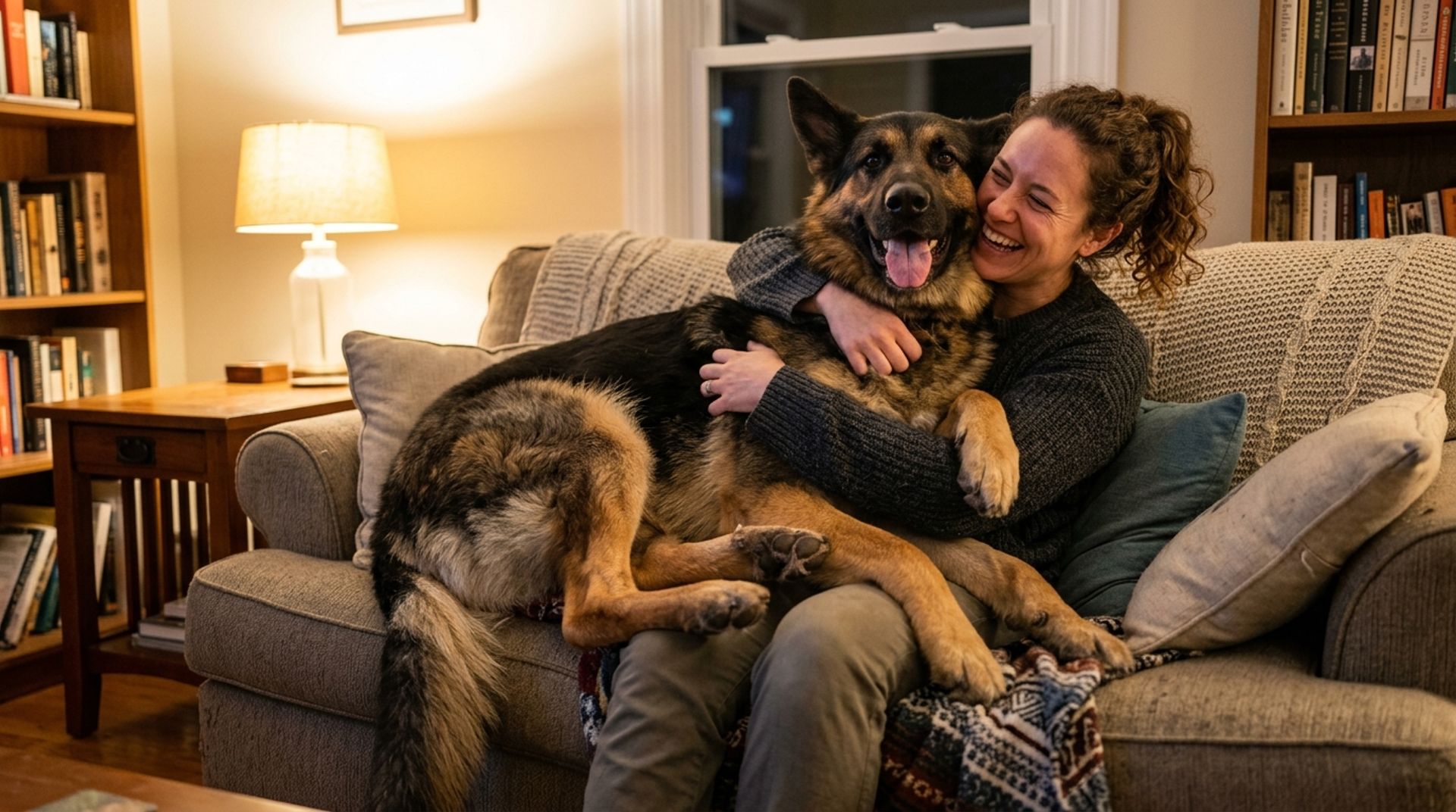 Large German Shepherd acting like a lap dog and trying to fit on the couch