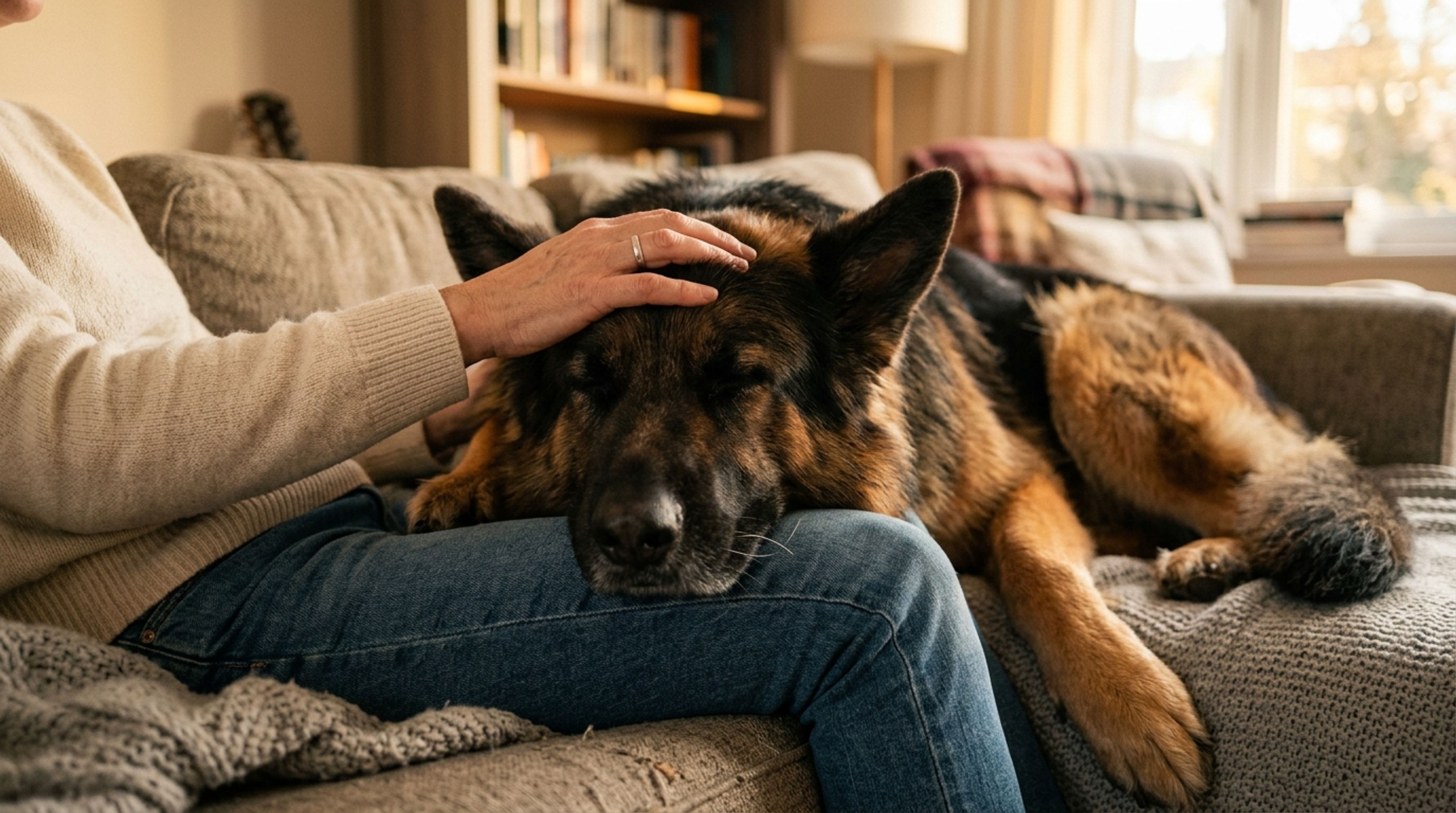 Affectionate German Shepherd cuddling and leaning on its owner's lap