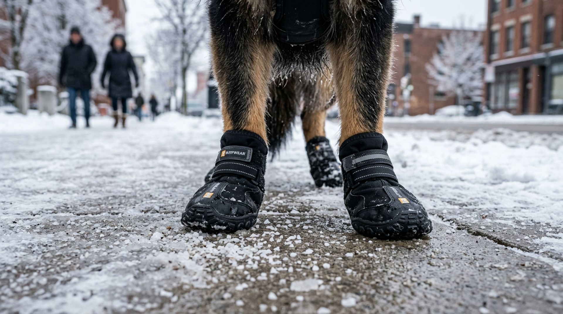 German Shepherd wearing protective winter booties to prevent chemical burns from road salt