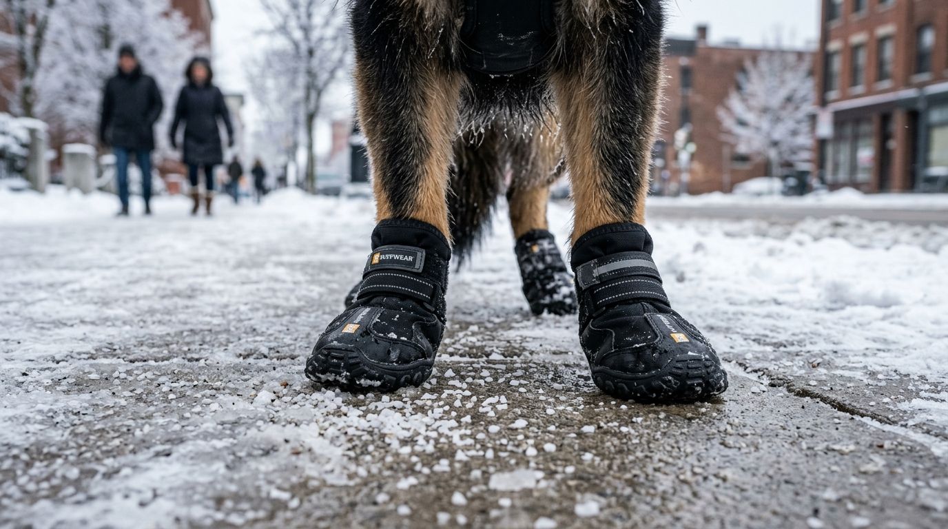 German Shepherd wearing protective winter booties to prevent chemical burns from road salt