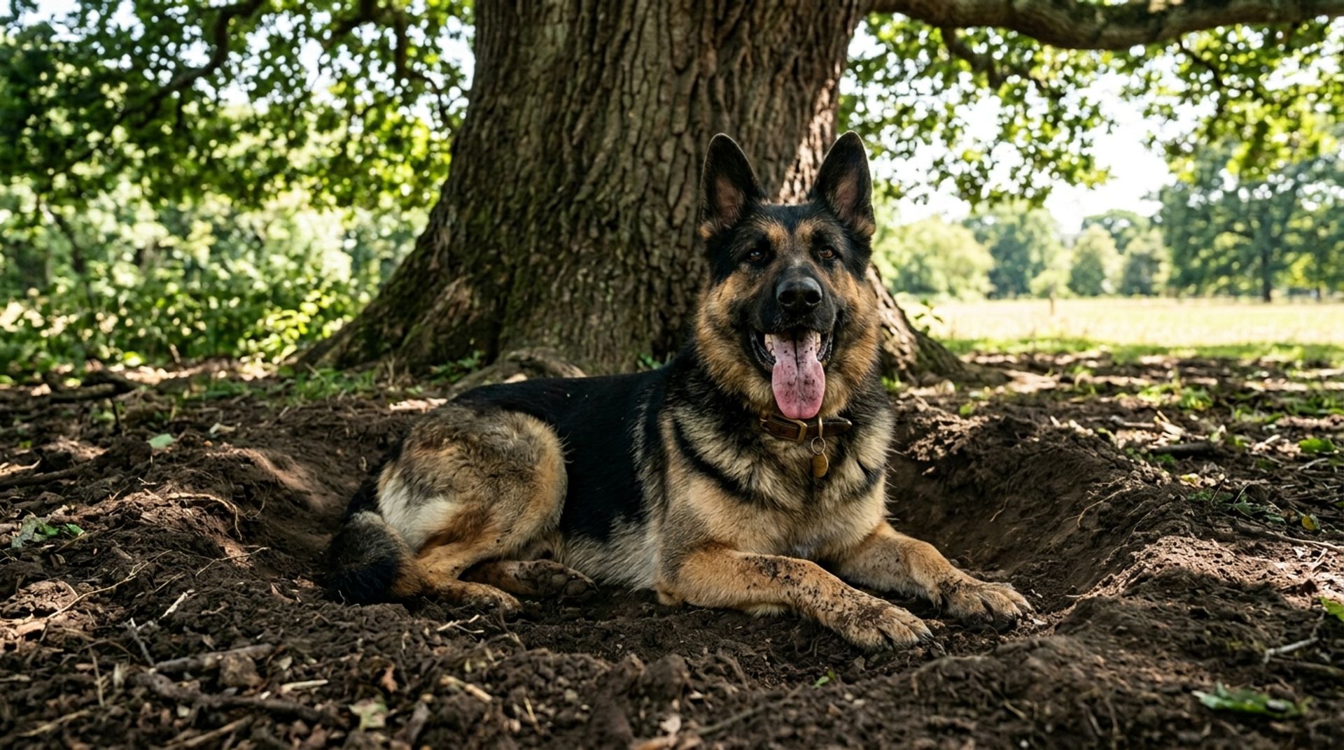 Hot German Shepherd resting happily inside a freshly dug cool dirt pit