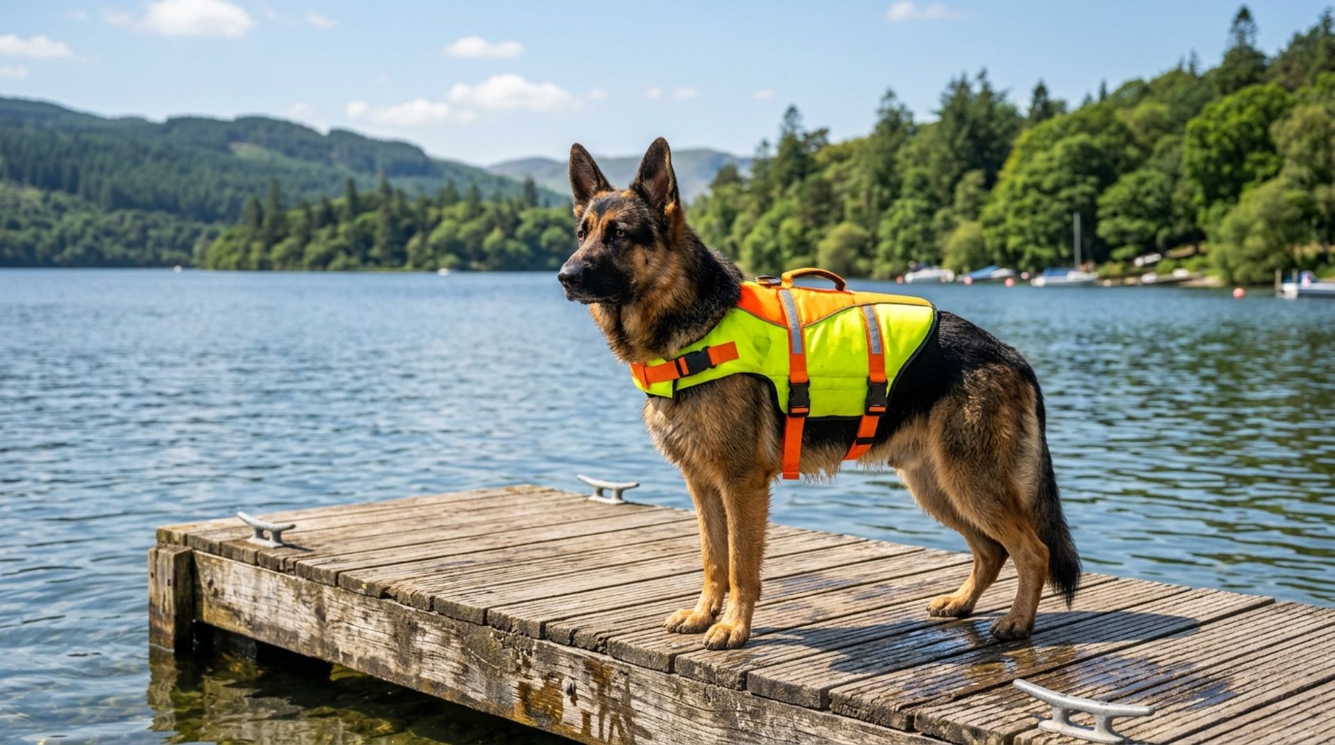 German Shepherd wearing a bright yellow dog life jacket standing near the water