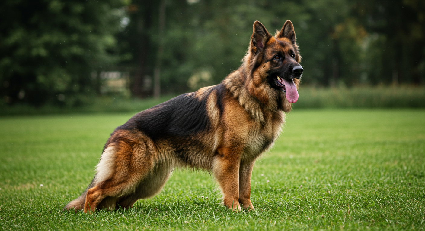 a german shepherd standing in the grass with its tongue hanging out