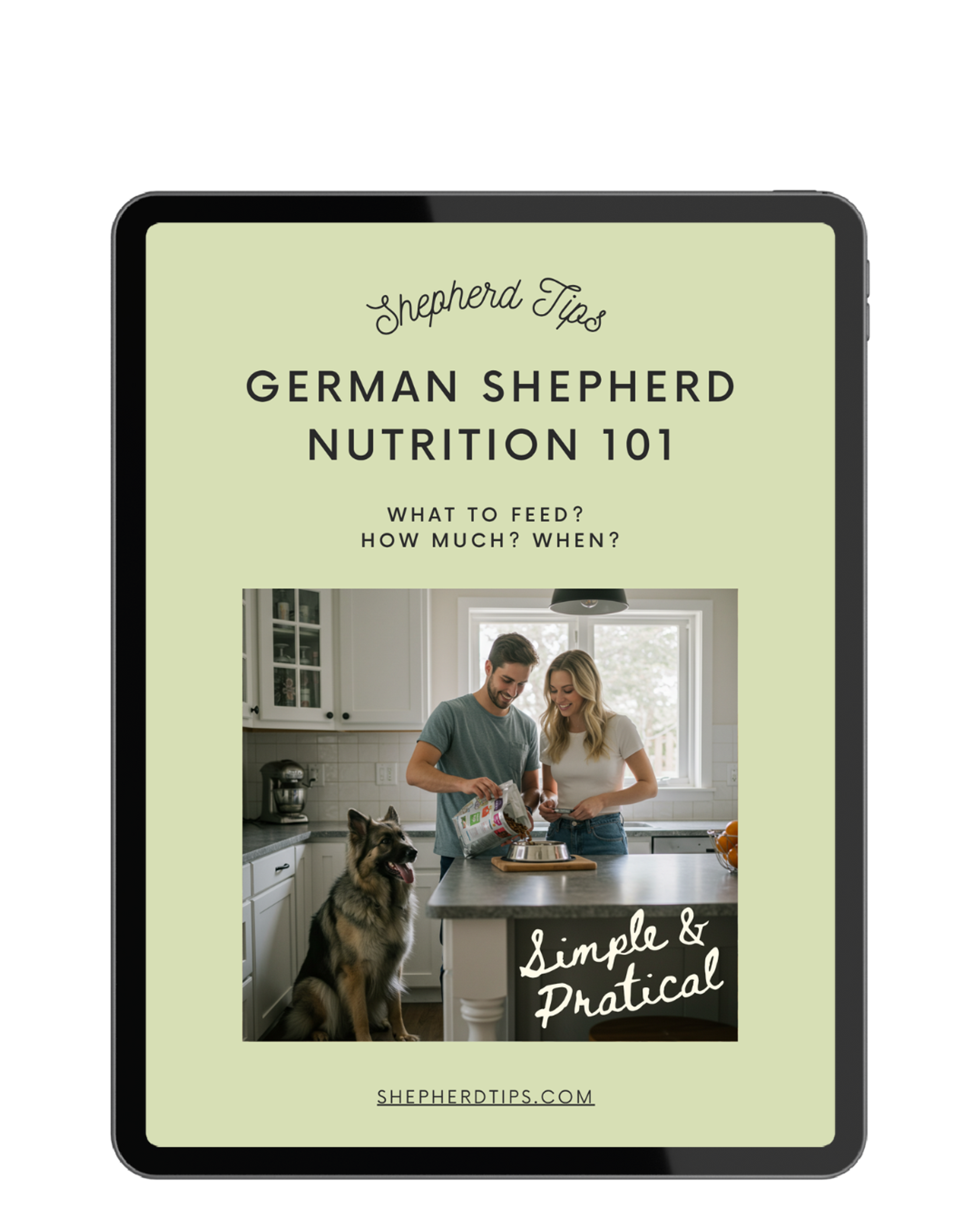 German Shepherd Nutrition 101 ebook cover showing a couple feeding a German Shepherd in a kitchen setting.