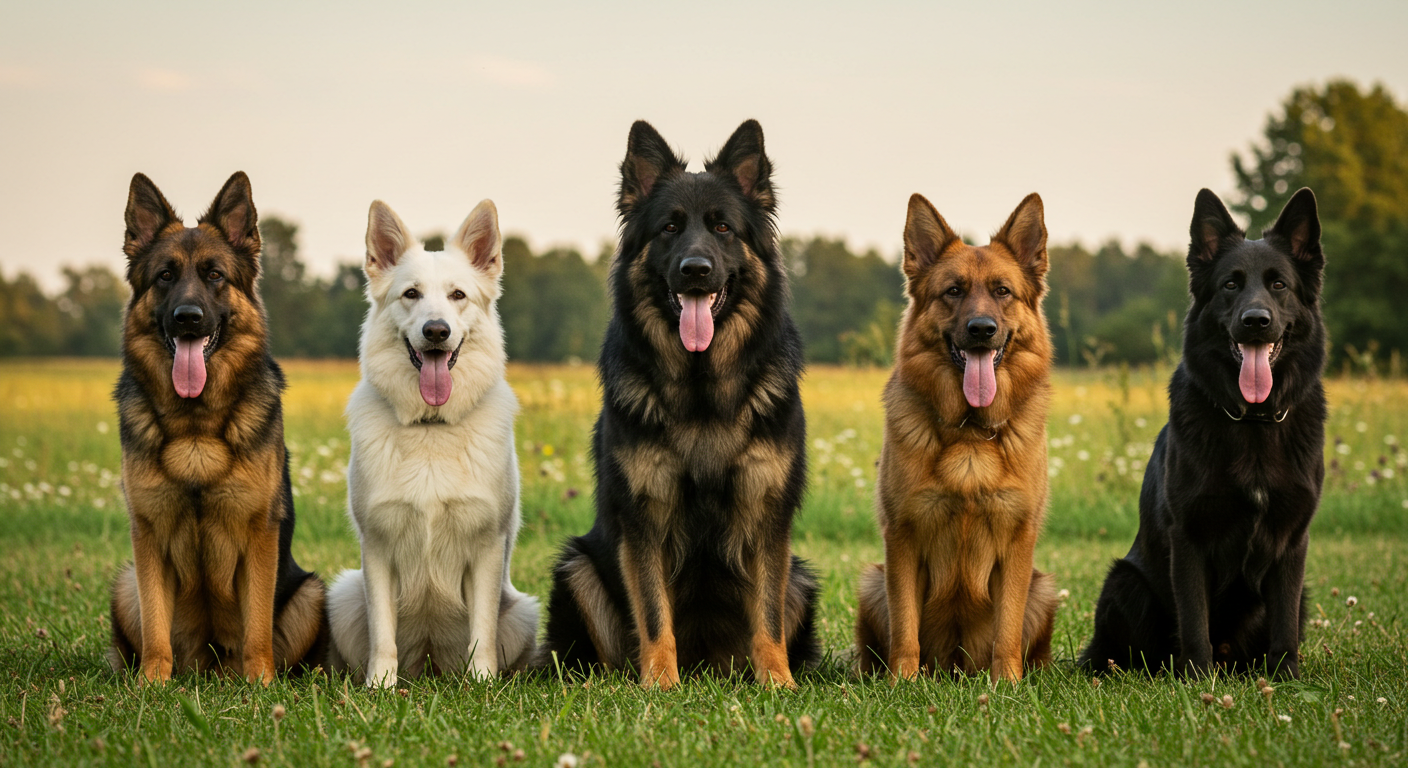 five german shepherds of different colors are sitting in a field