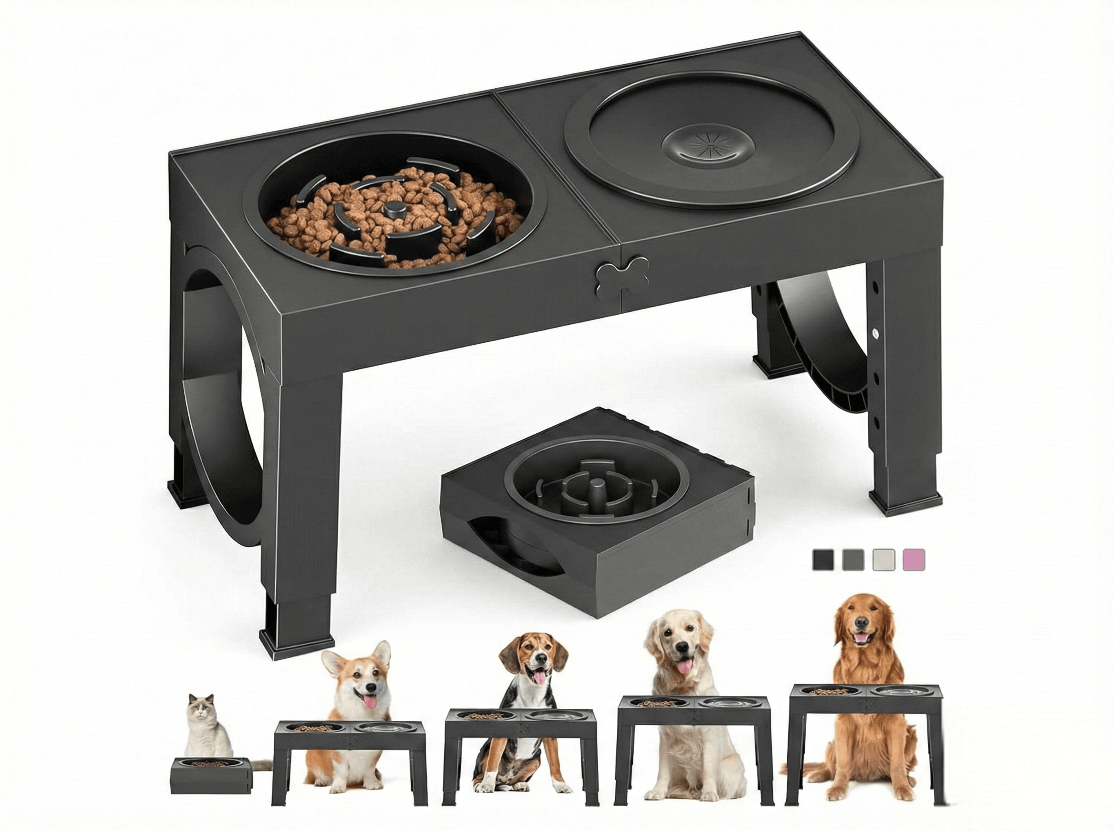 XIAZ Adjustable Elevated Slow Feeder Dog Bowls