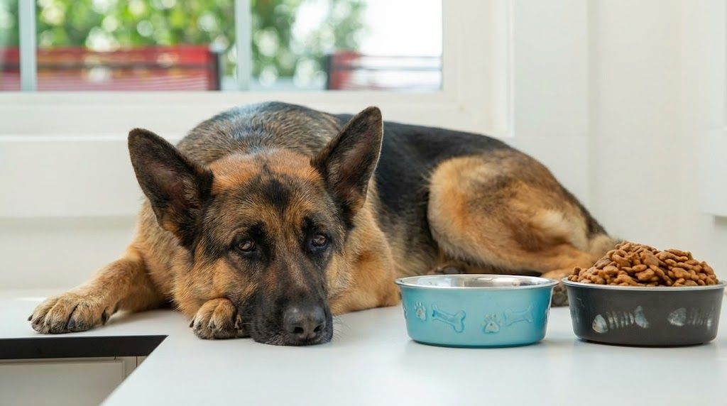 German Shepherd lying next to untouched food bowl wondering why is my dog not eating
