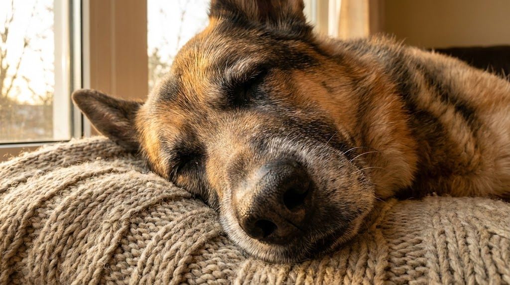 Old German Shepherd with grey muzzle sleeping, representing signs a dog is dying