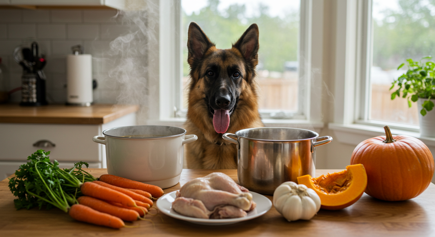 a german shepherd sitting at a table with chicken carrots and pumpkins