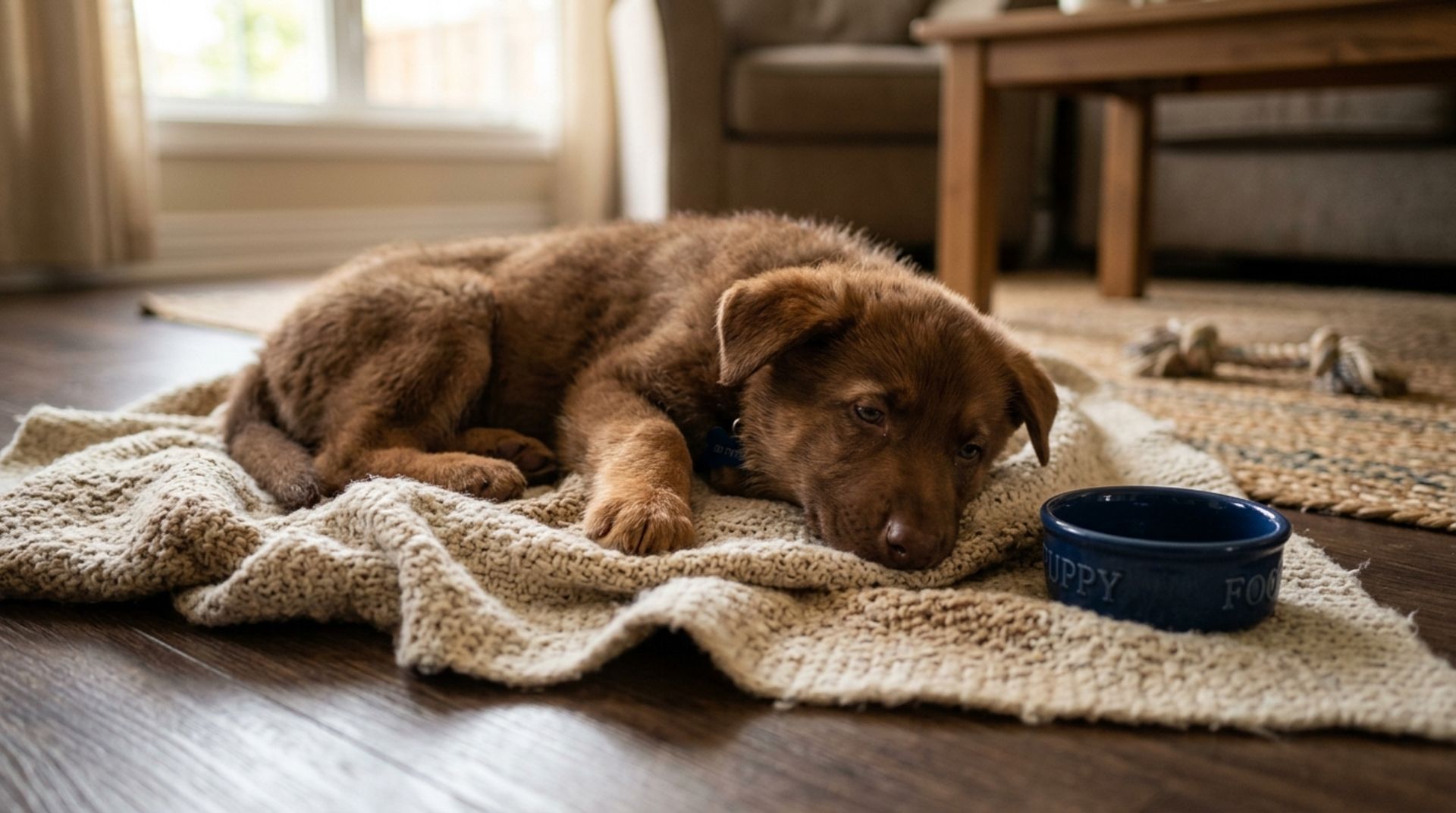 A lethargic liver-colored German Shepherd puppy lying on a blanket showing early signs of parvovirus illness