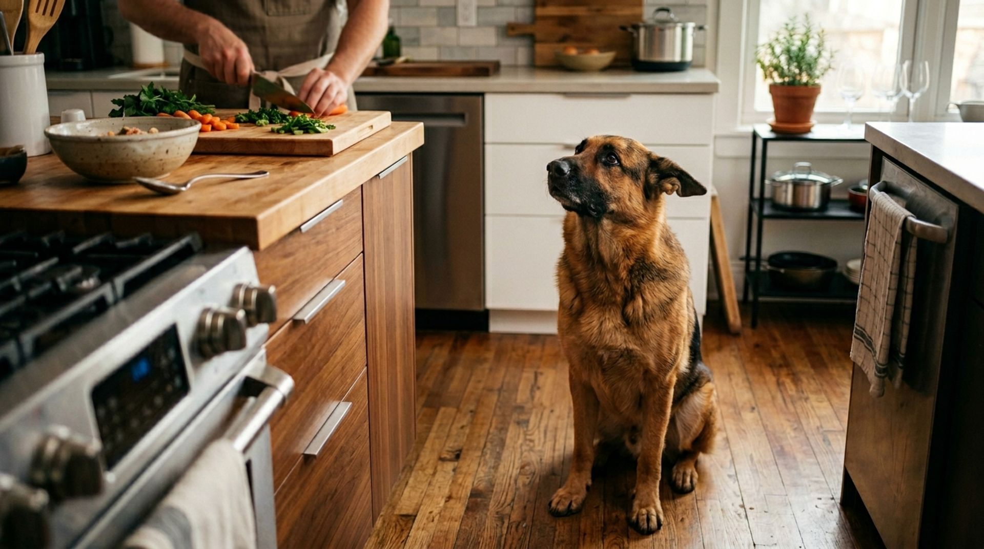 German Shepherd sitting nicely but whining softly at the kitchen counter for food