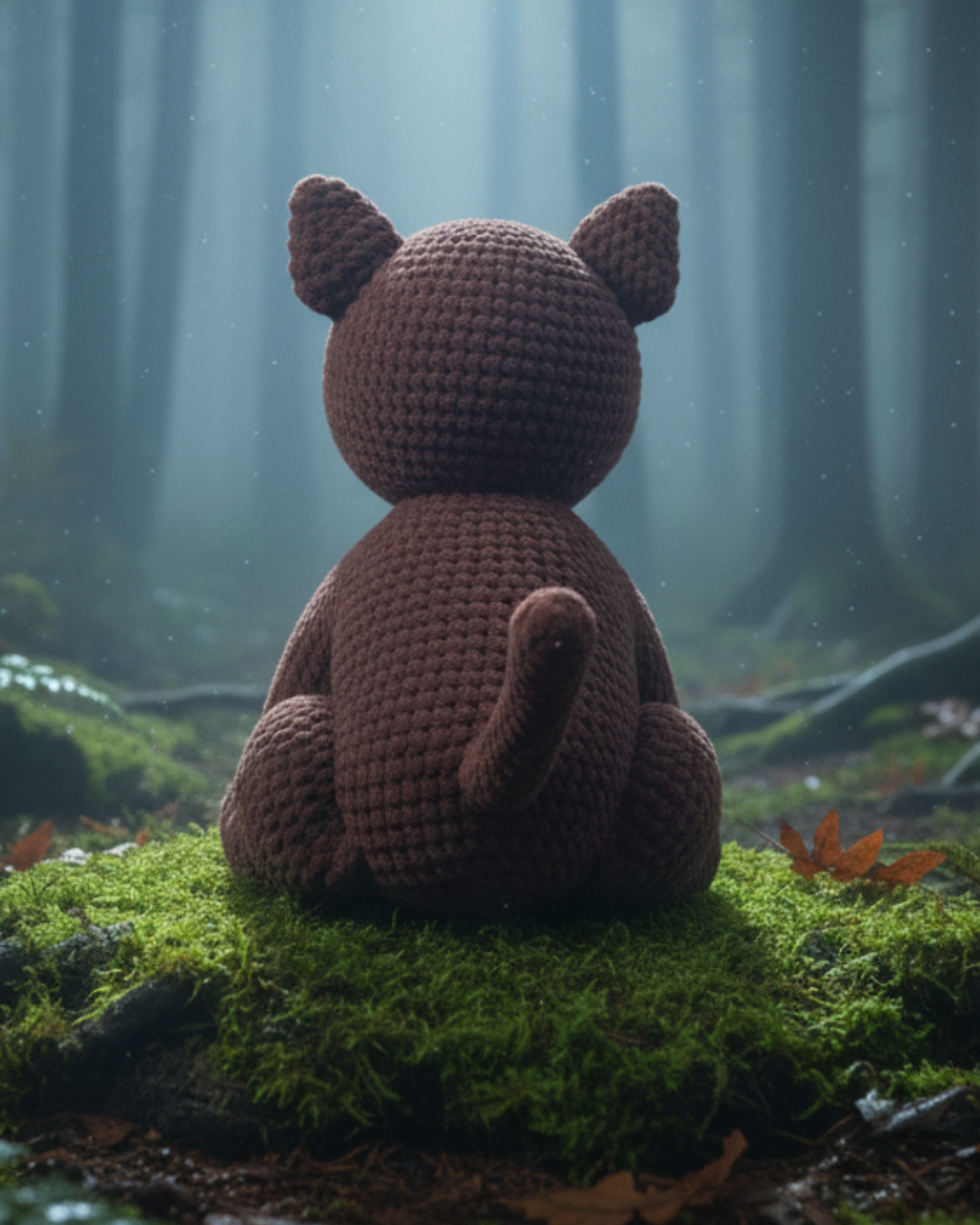 Crochet German Shepherd amigurumi showing the rear view with detailed stitching, sitting on moss in a forest setting