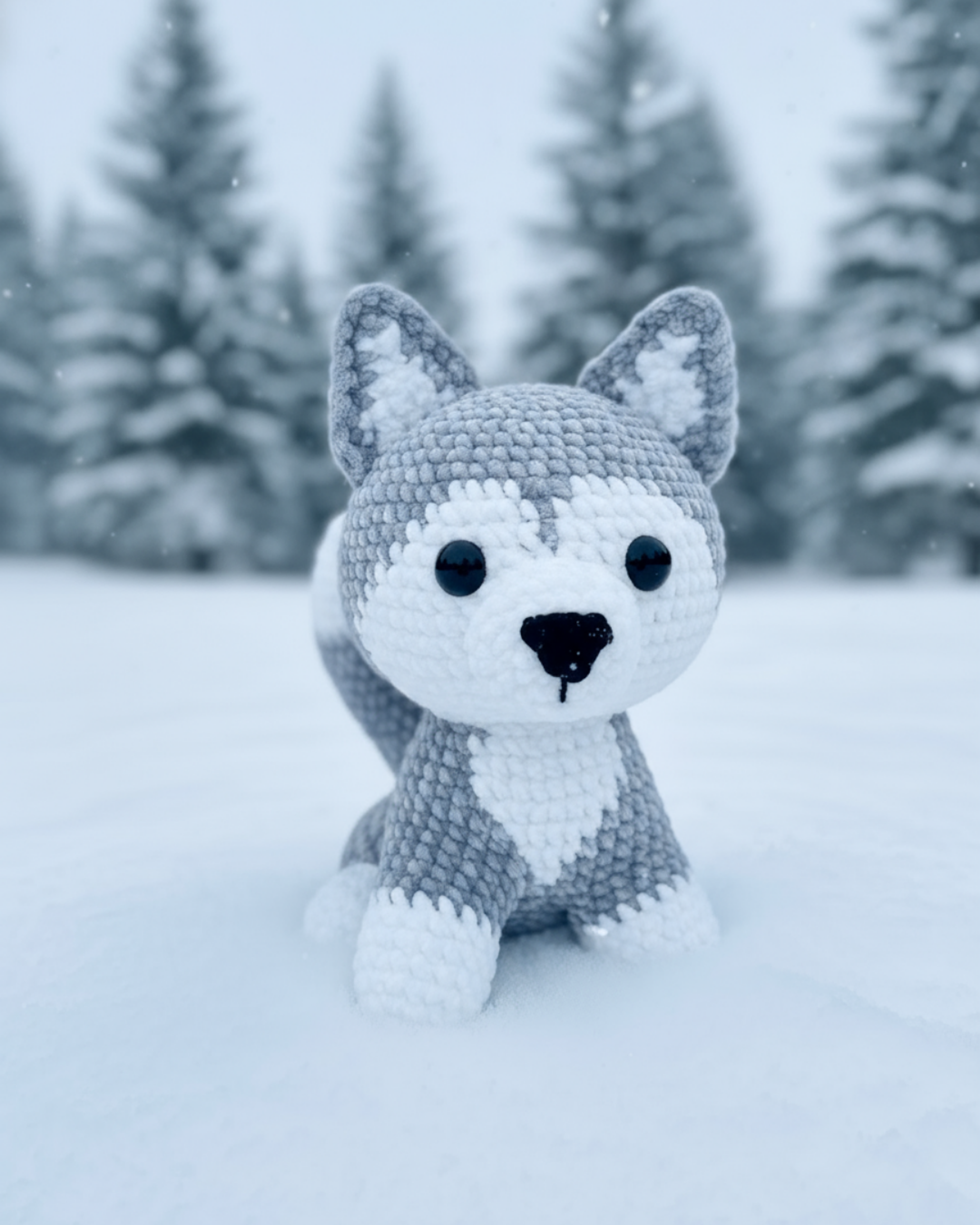 Husky crochet pattern amigurumi showing the front view of a finished crochet husky with detailed features in a snowy background