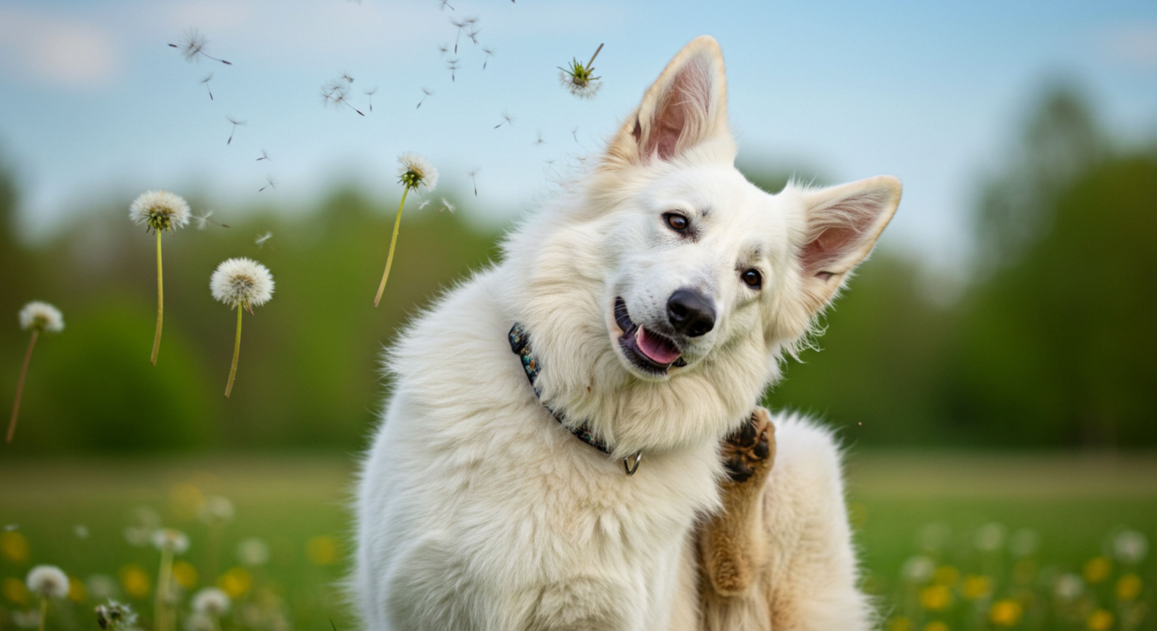 a white dog in a field with dandelions blowing in the wind
