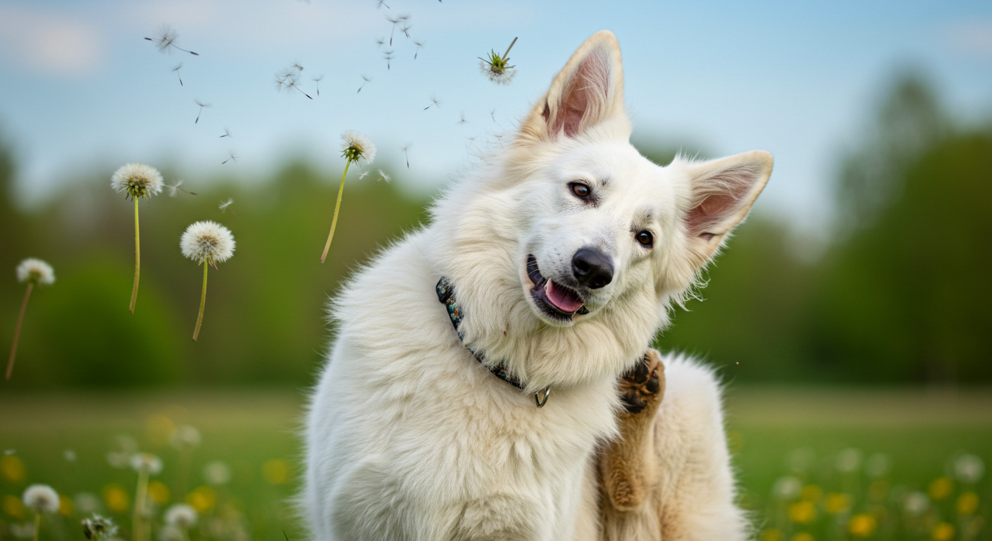a white dog in a field with dandelions blowing in the wind
