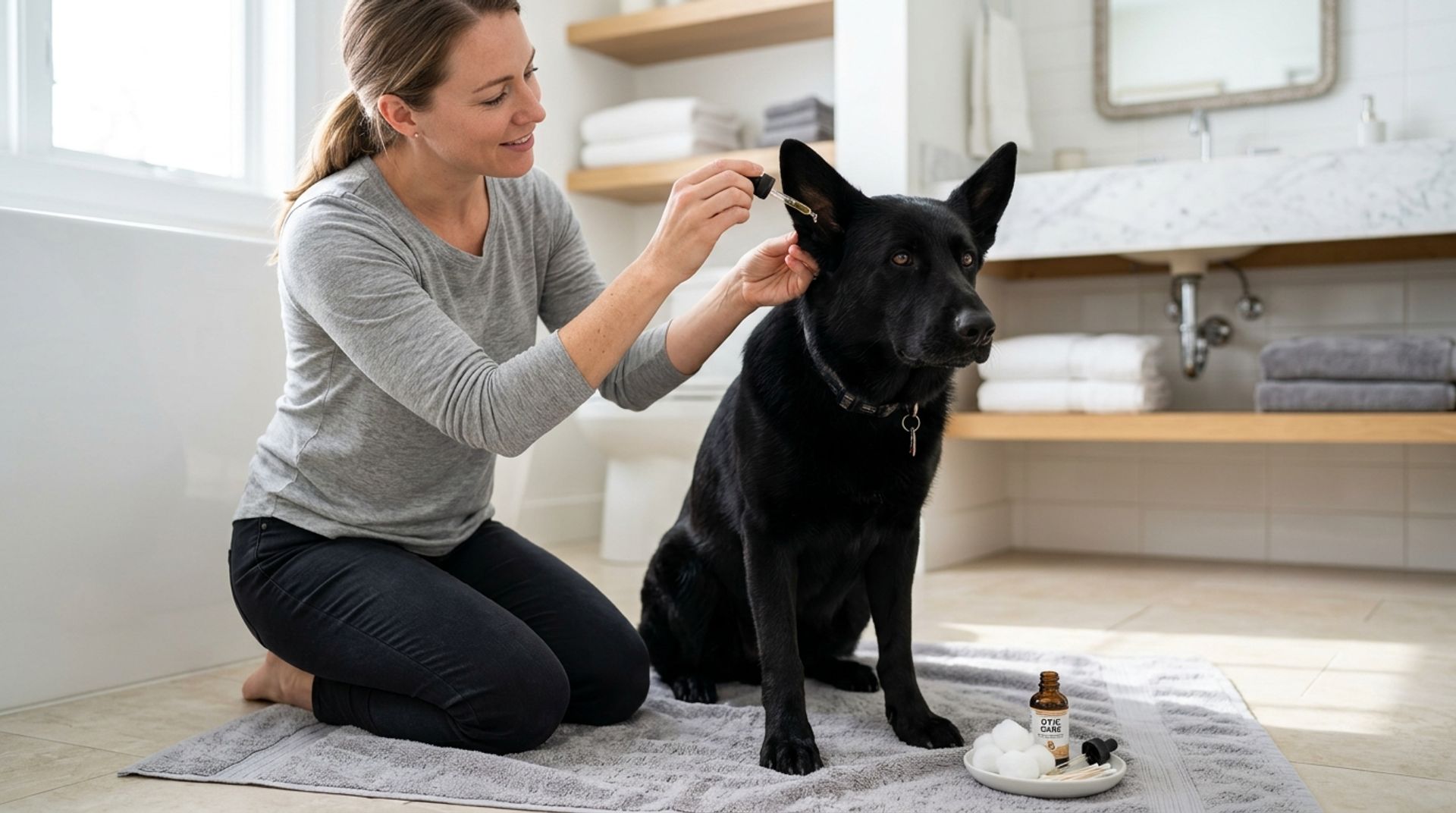 Owner carefully applying ear cleaning solution to a solid black German Shepherd's ear at home as part of ear infection treatment