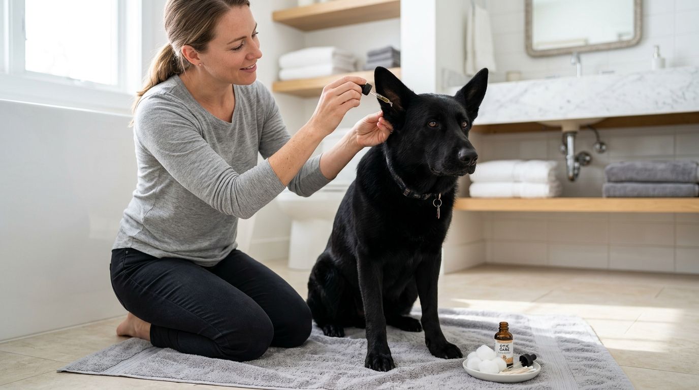 Owner carefully applying ear cleaning solution to a solid black German Shepherd's ear at home as part of ear infection treatment