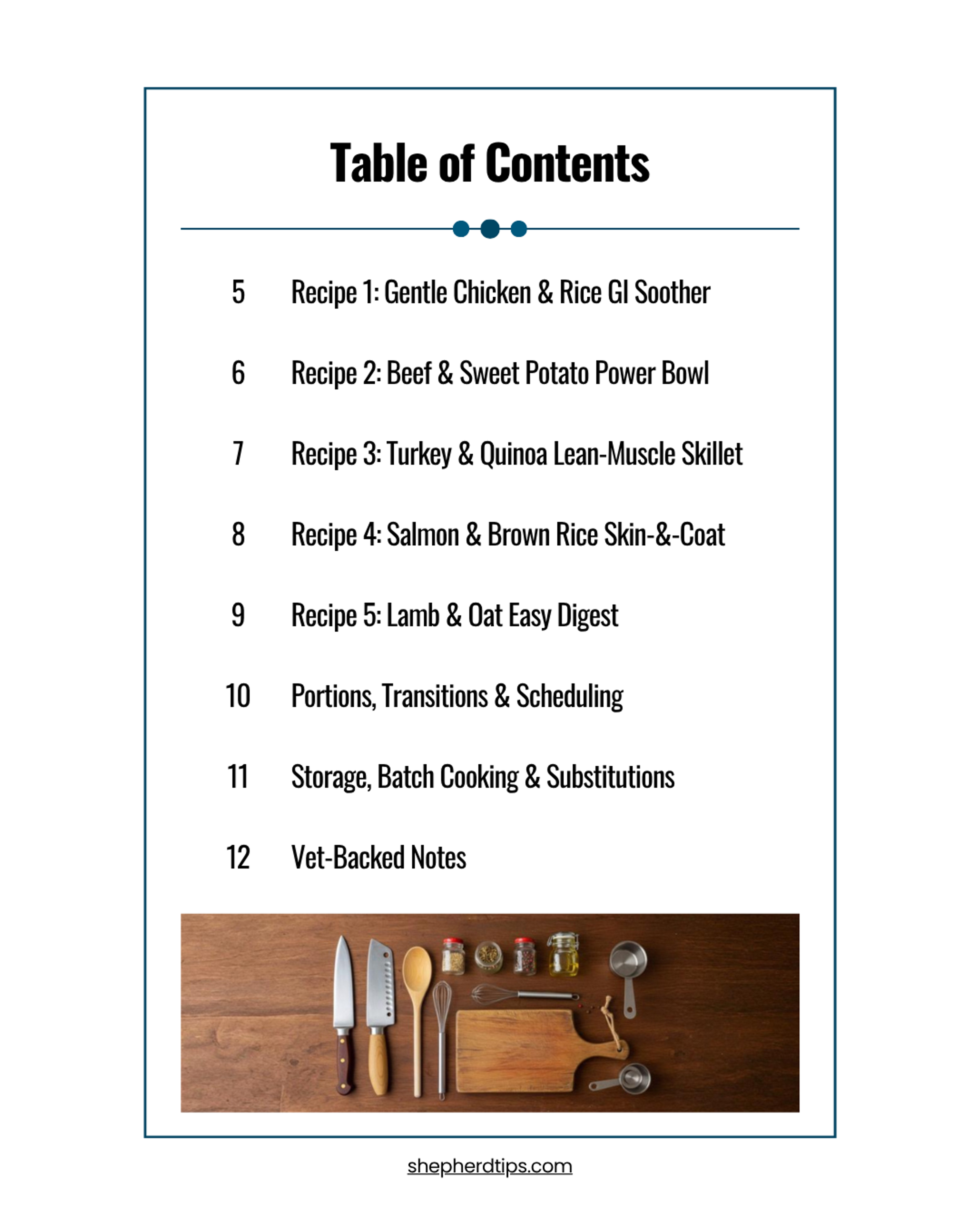 5 Easy German Shepherd Recipes ebook table of contents with recipe titles and kitchen tools image