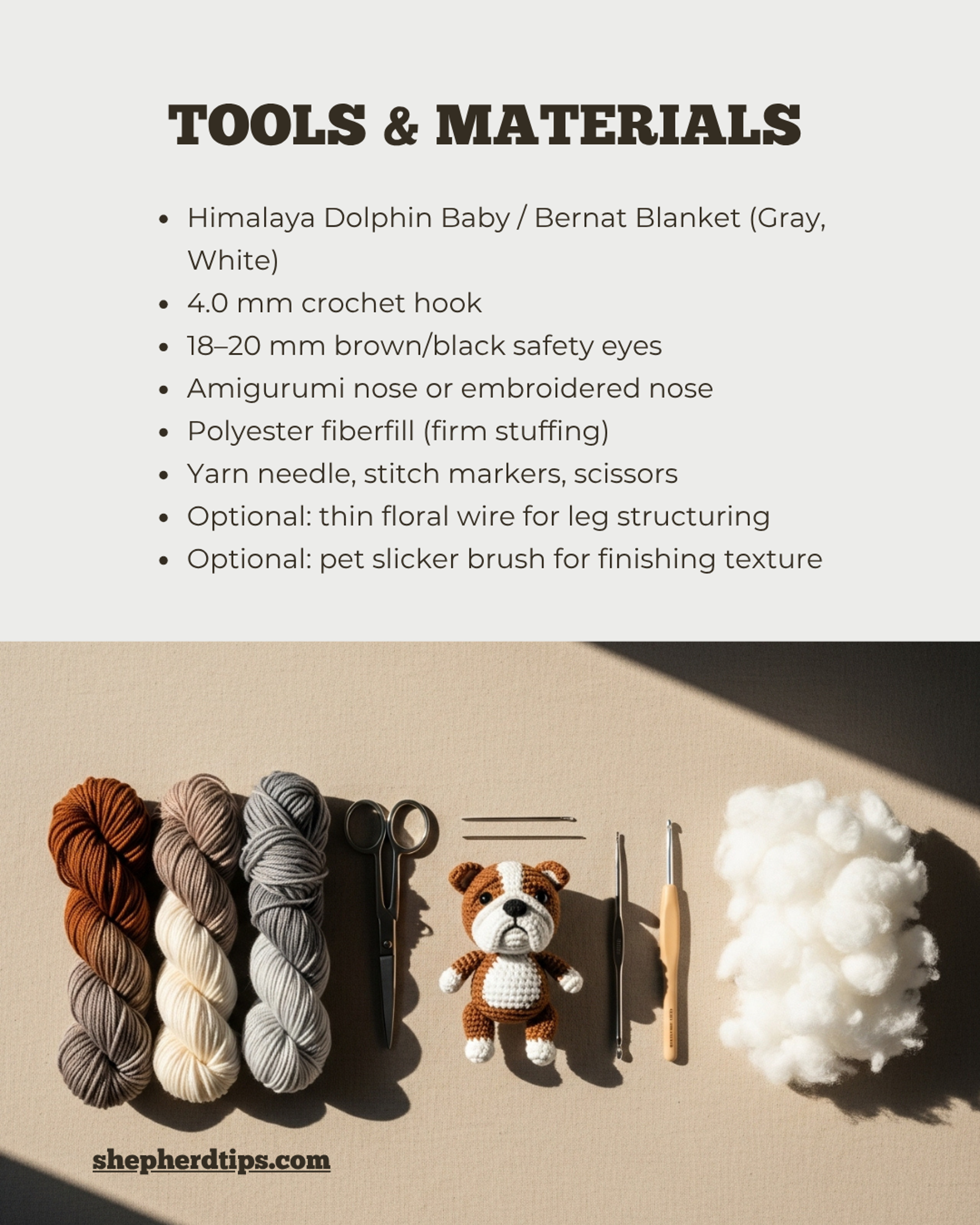 Bulldog crochet pattern materials list showing yarn, crochet hook, safety eyes, amigurumi nose, fiberfill, and tools including scissors and needles for amigurumi creation