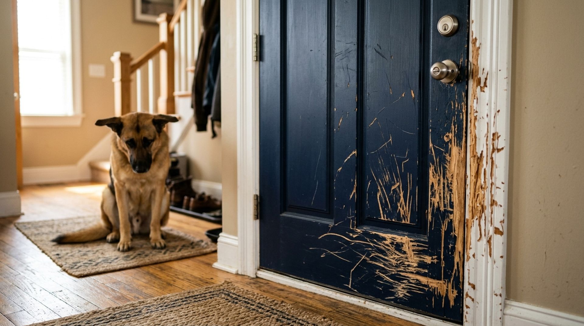 Destruction around a door frame caused by a German Shepherd with severe separation anxiety