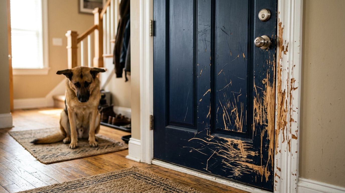 Destruction around a door frame caused by a German Shepherd with severe separation anxiety
