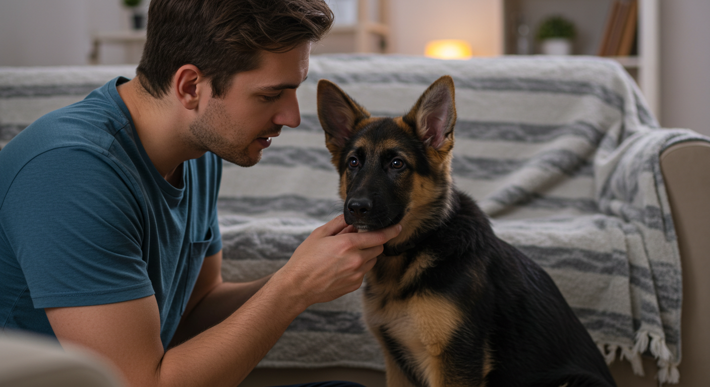 a man petting a german shepherd on the floor