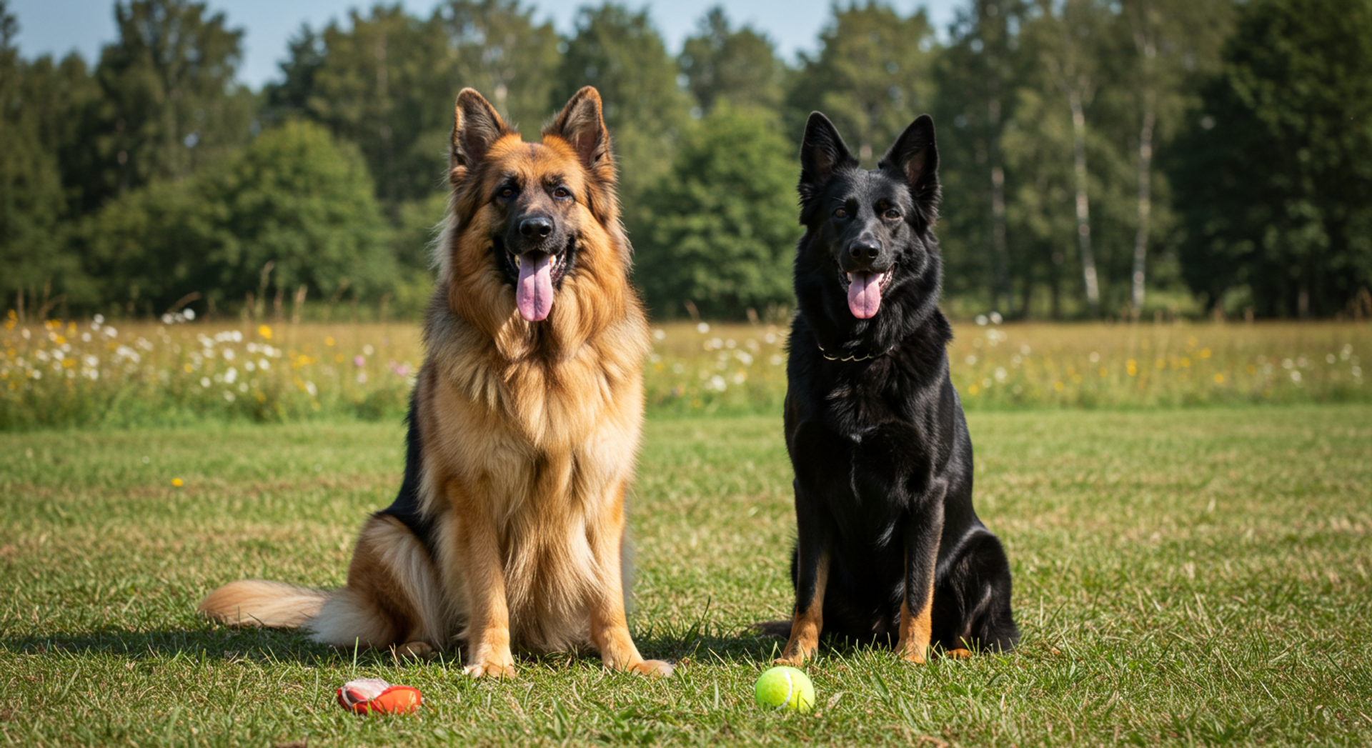 two german shepherds are sitting next to each other in the grass