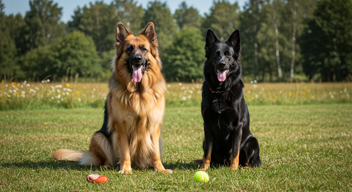 two german shepherds are sitting next to each other in the grass