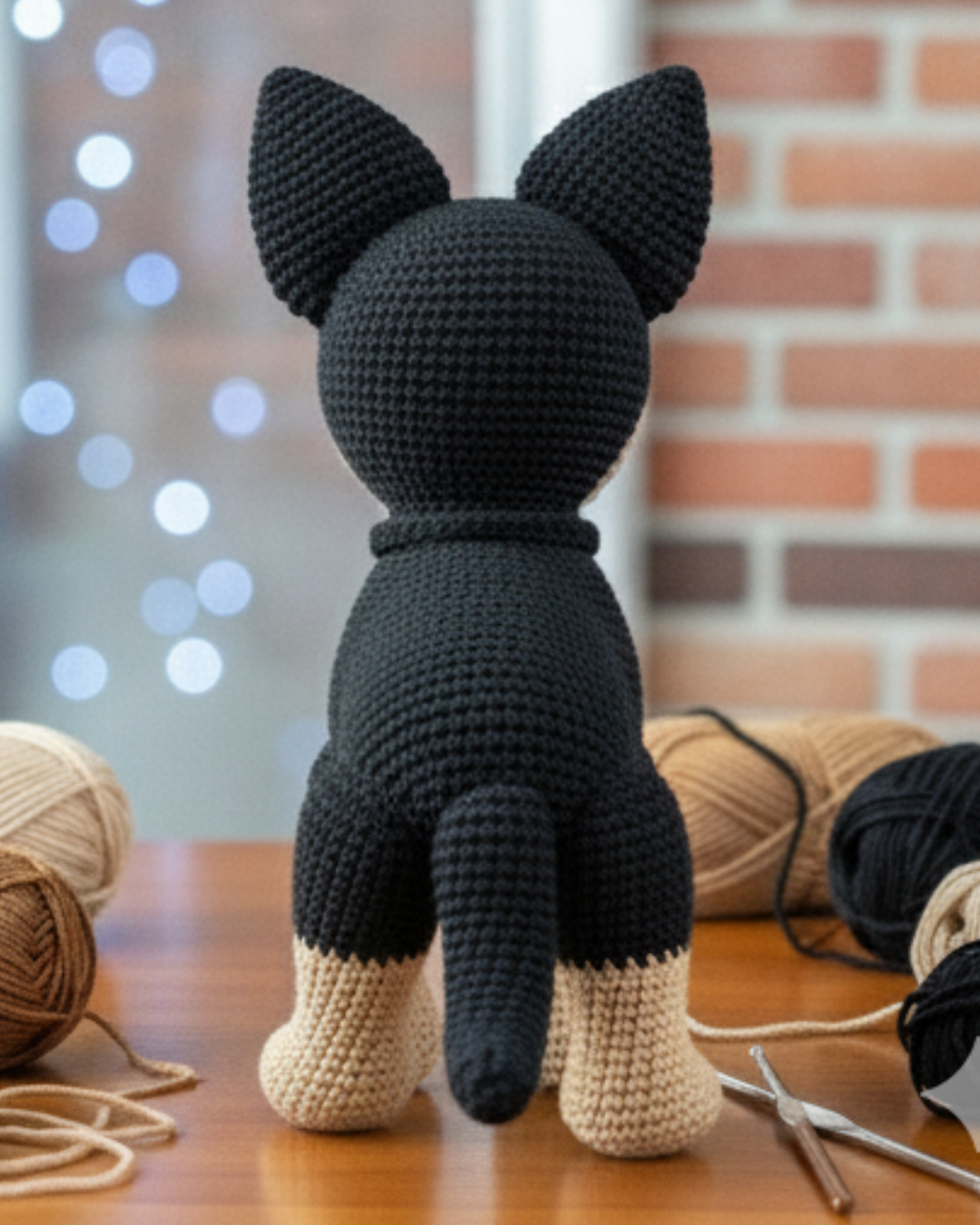 Crochet German Shepherd amigurumi showing the rear view with detailed stitching and realistic design, surrounded by yarn and crochet hook