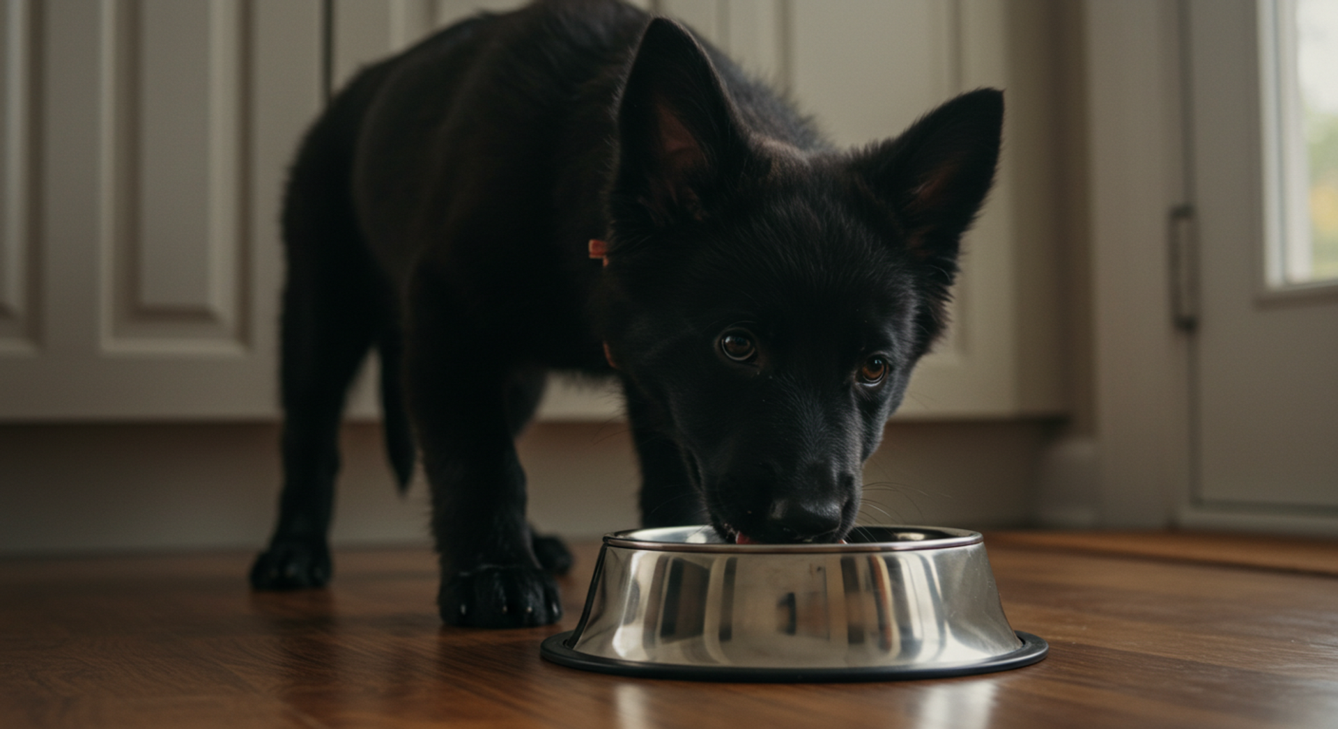 a black dog is eating from a metal bowl
