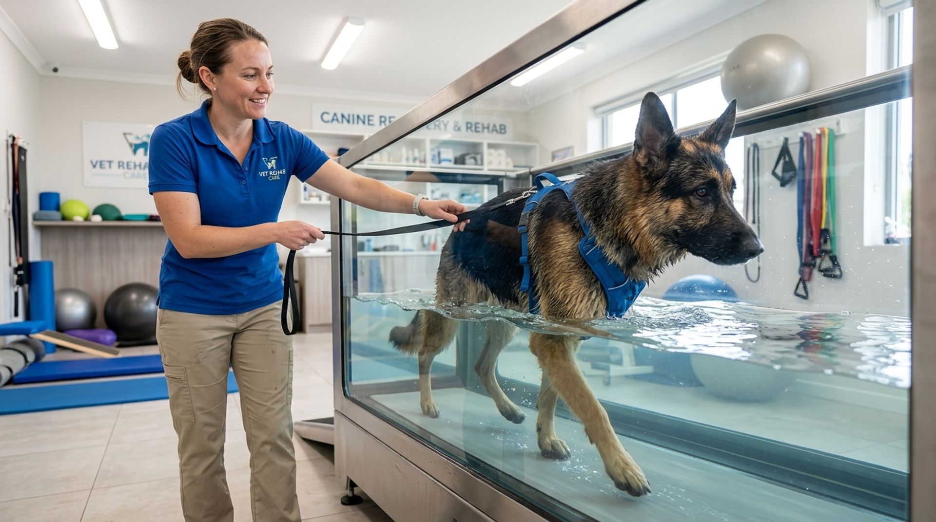 German Shepherd undergoing physical therapy in an underwater treadmill for mobility issues