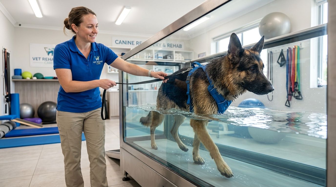 German Shepherd undergoing physical therapy in an underwater treadmill for mobility issues